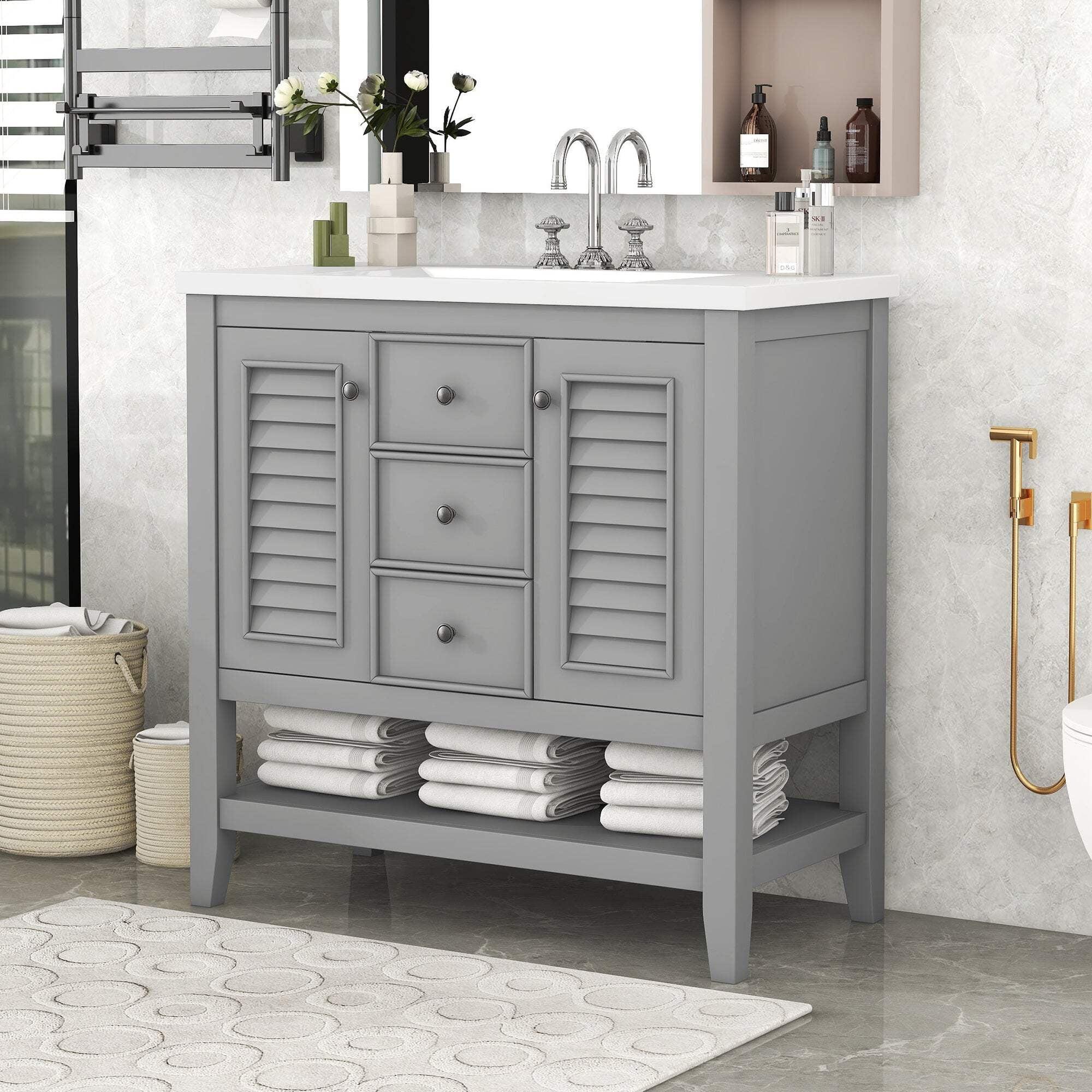 36" Grey Solid Wood Bathroom Vanity with Ceramic Basin