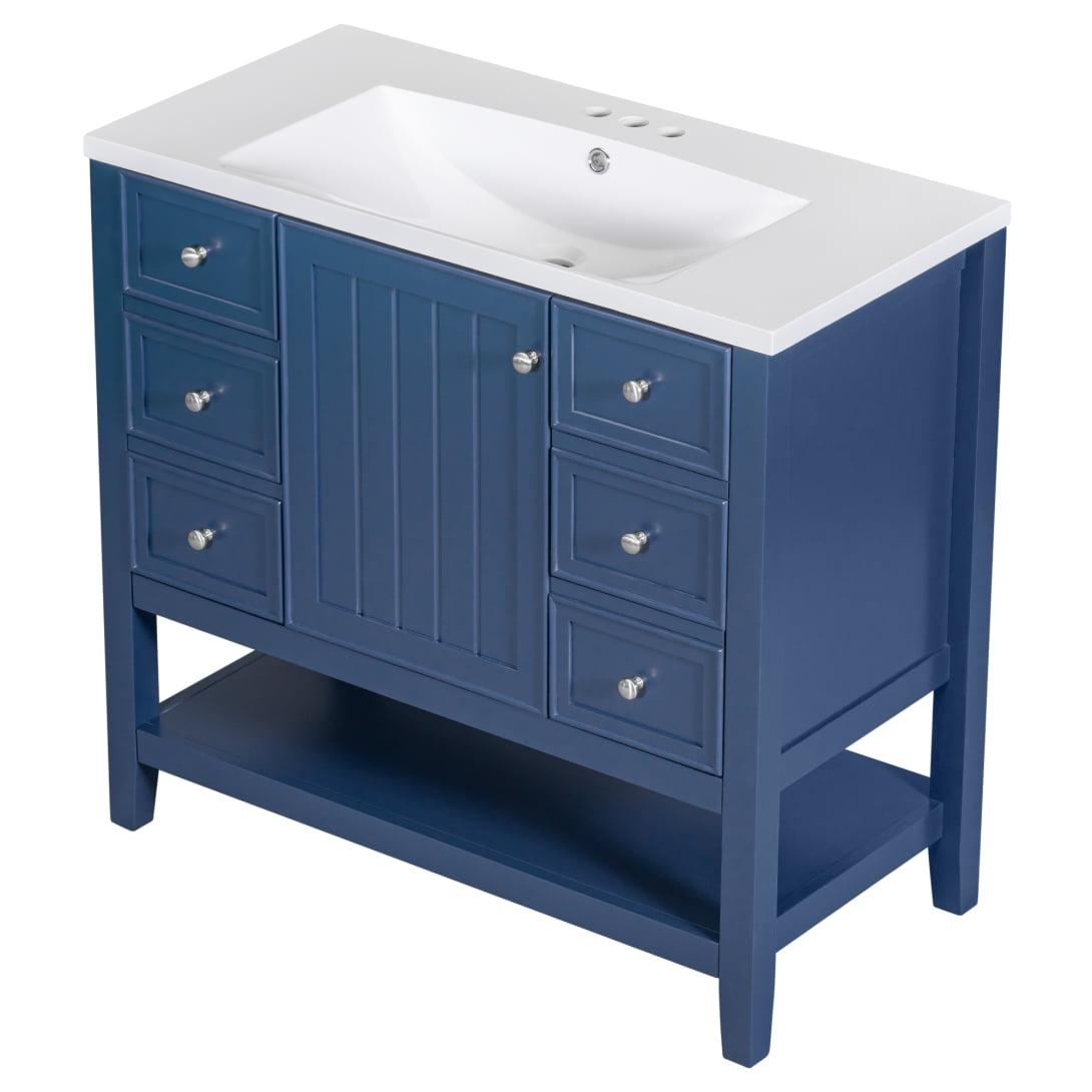 36" Blue MDF Freestanding Bathroom Vanity with Ceramic Sink