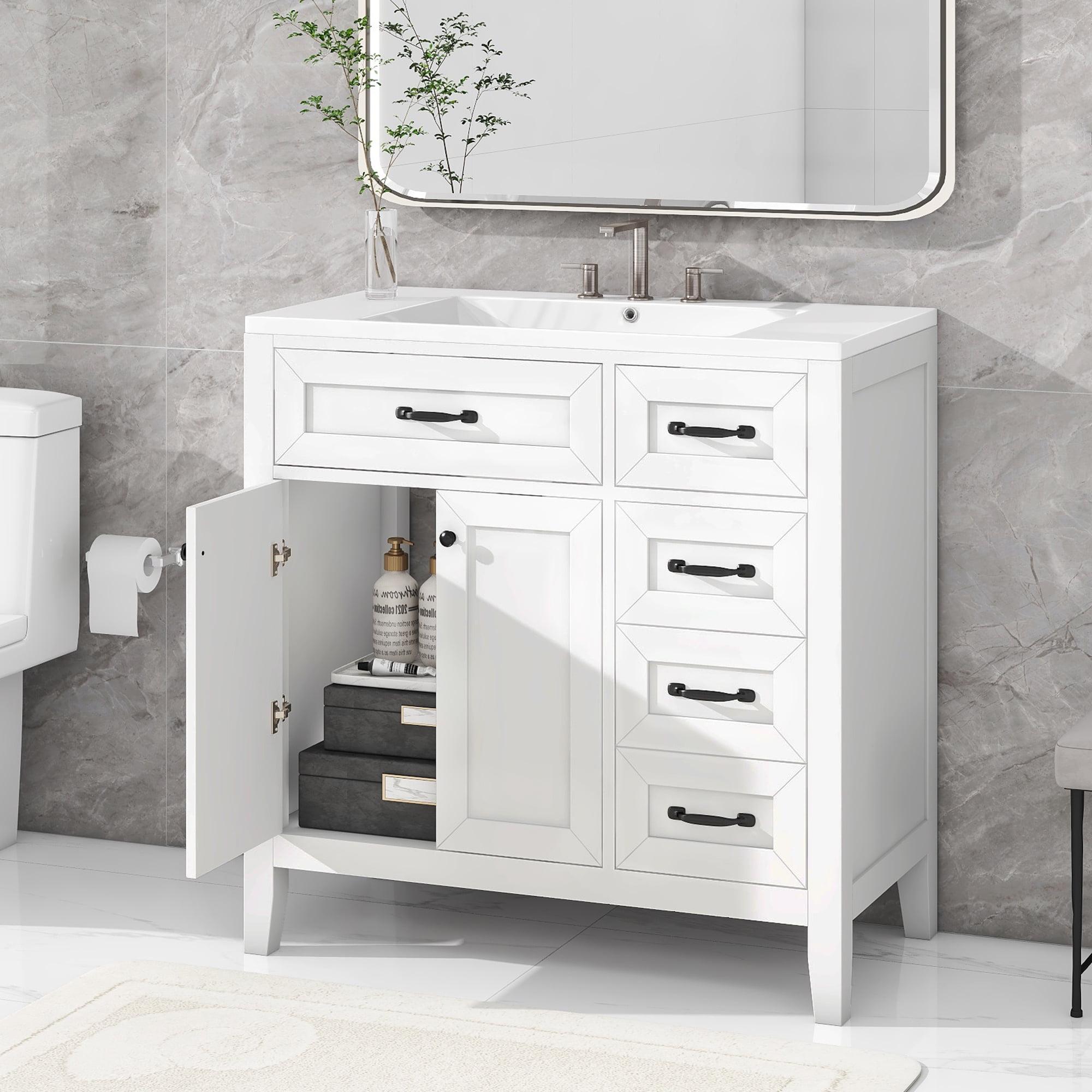 36" Bathroom Vanity with Ceramic Sink, Modern Bathroom Vanity with Cabinet and 3 Drawers, Solid Frame and MDF Bathroom Vanity Undermount Sink Combo with Soft Closing Doors, White