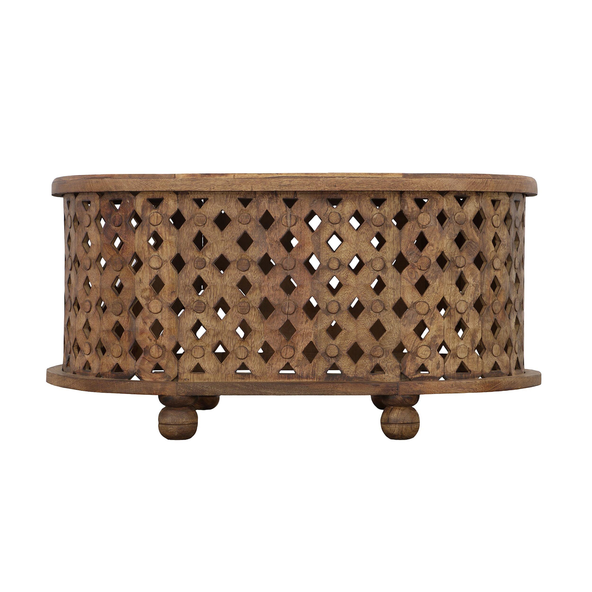 36 in. Oval Farmhouse Coffee Table with Intricate Cut Out Design, Antique Brown