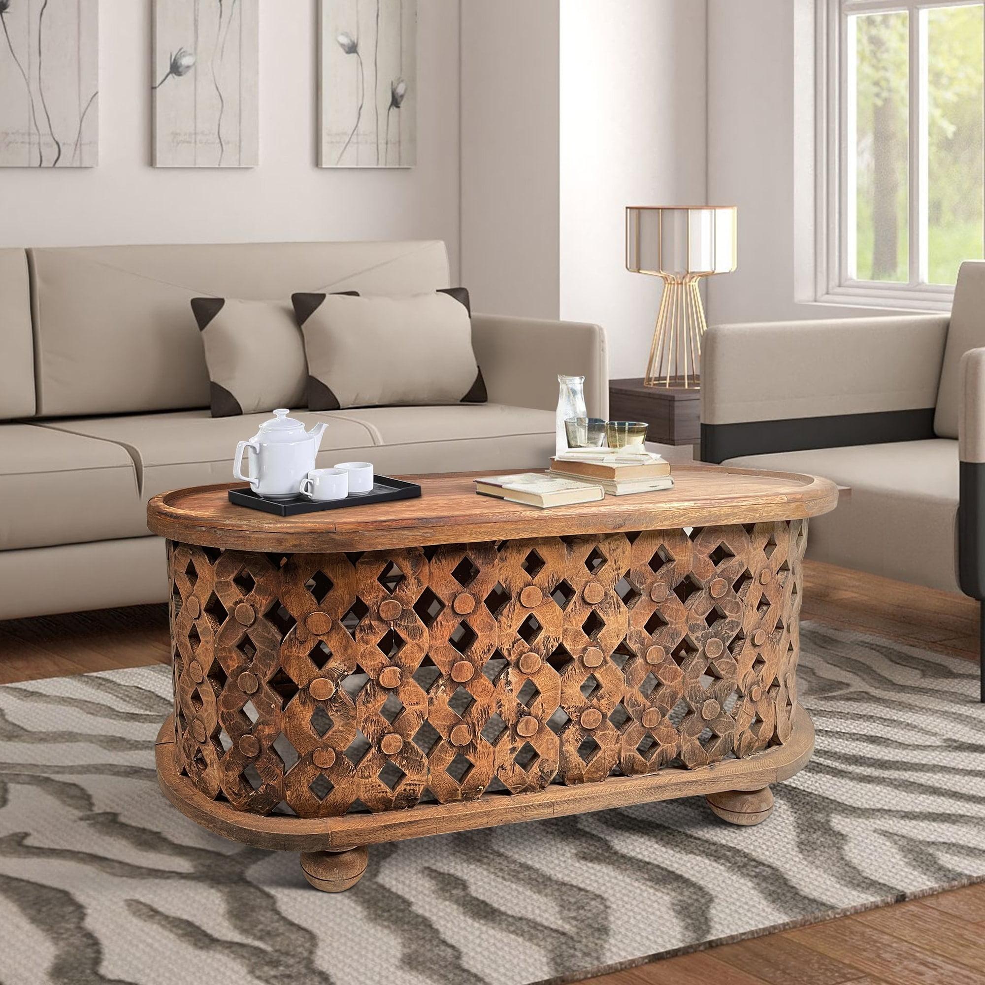 36 in. Oval Farmhouse Coffee Table with Intricate Cut Out Design, Antique Brown