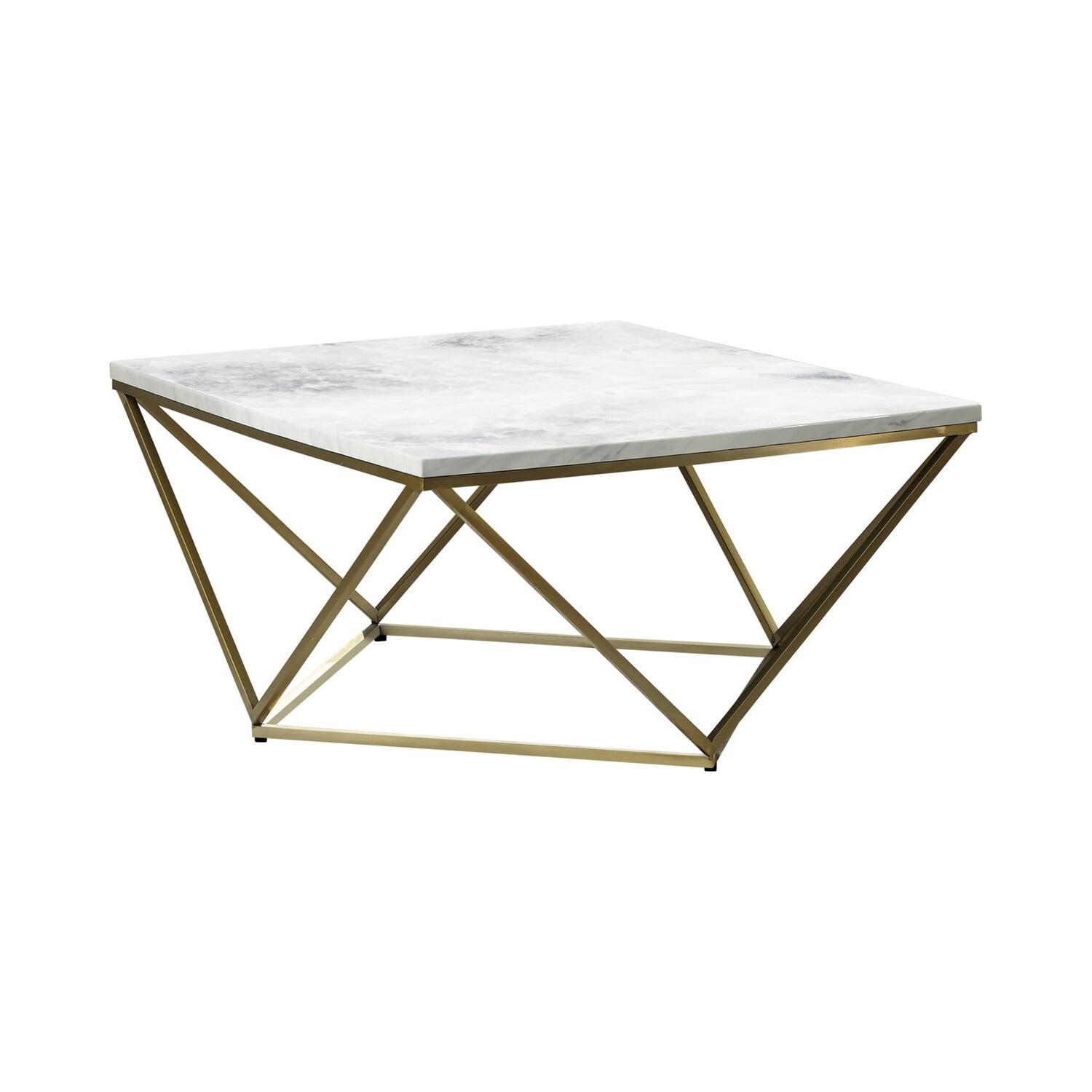 36 Inch White Faux Marble Square Coffee Table with Gold Base