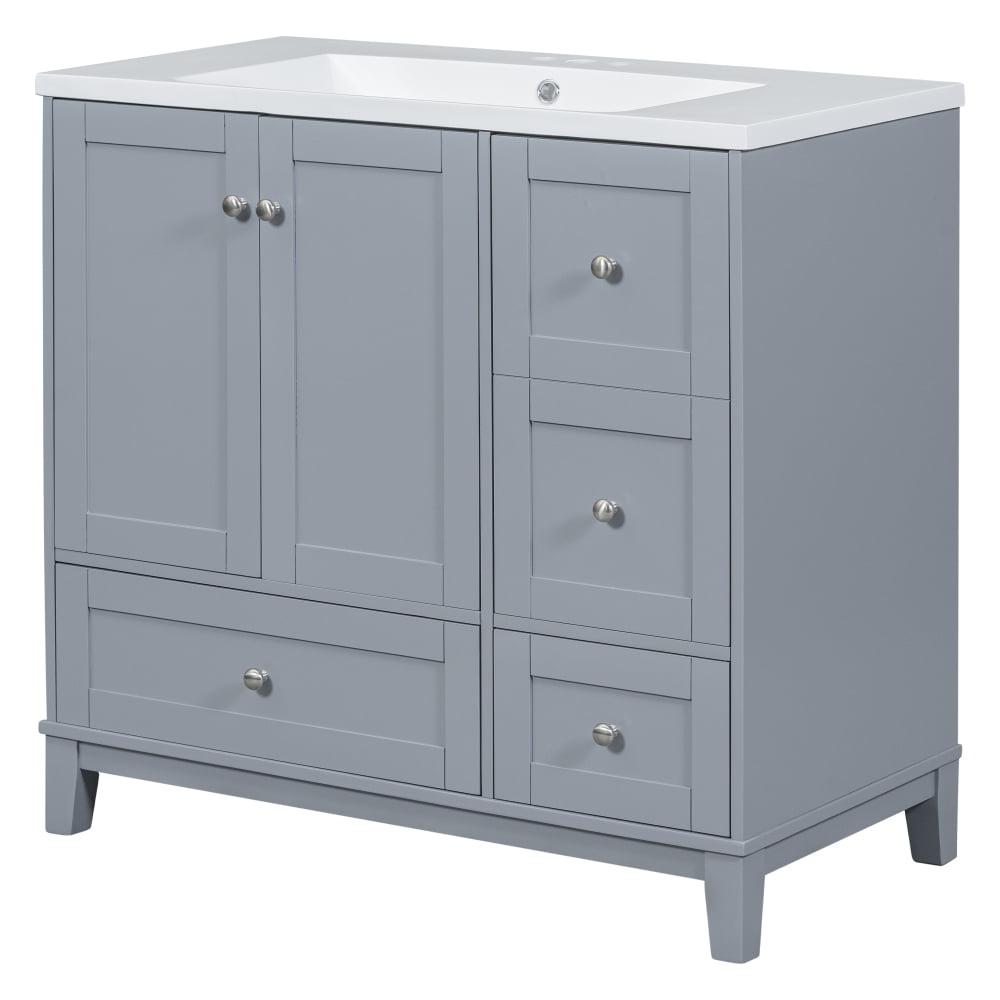 36" Gray MDF Freestanding Bathroom Vanity with Marble Sink