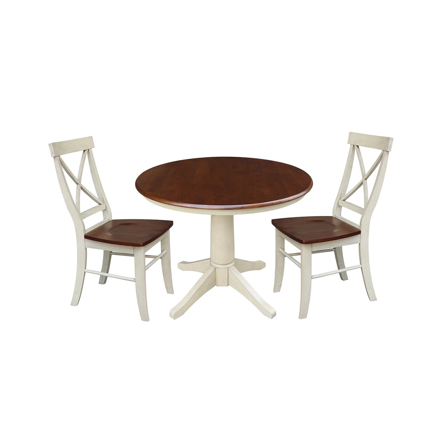 36" Almond Espresso Wood Round Dining Table with 2 Cross Back Chairs
