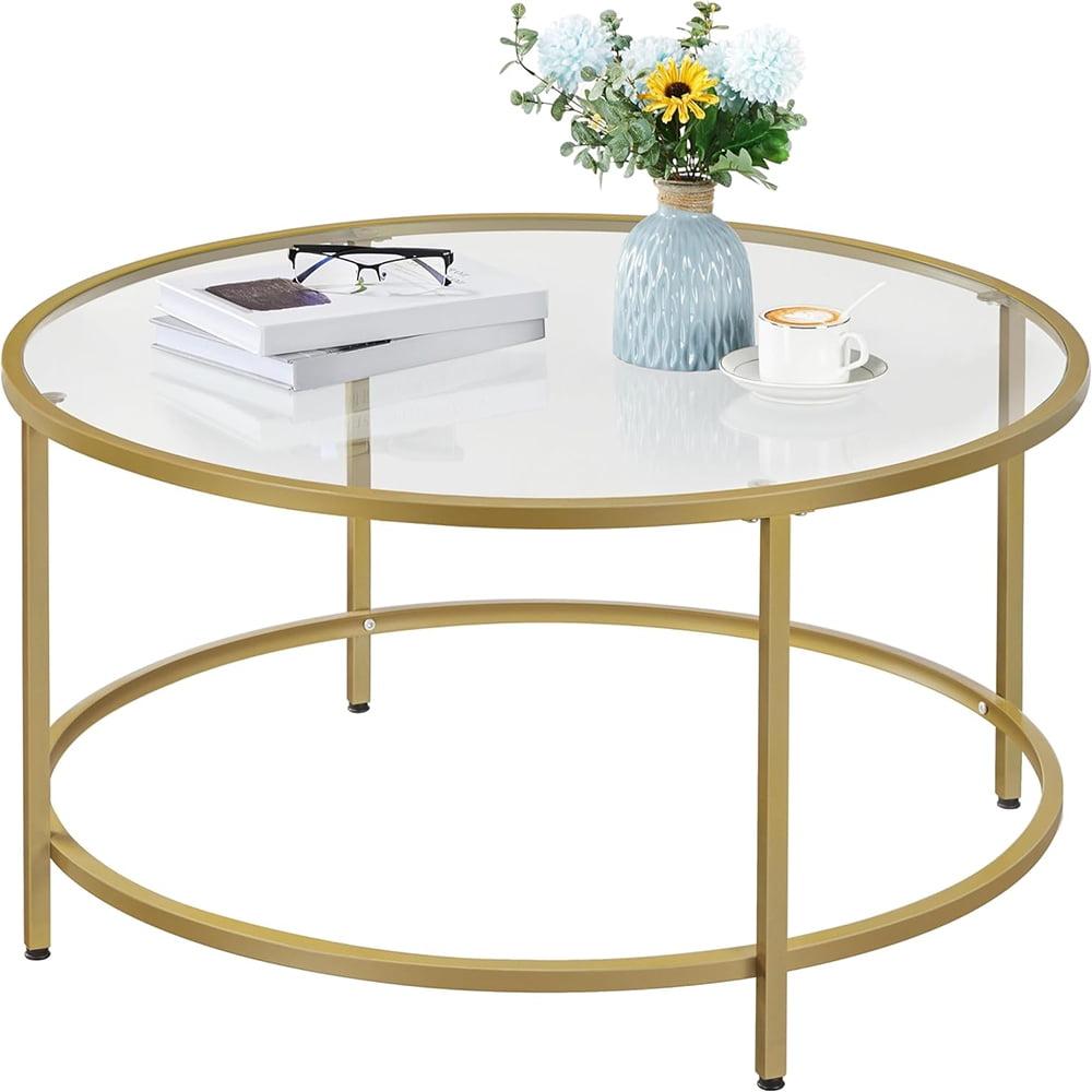 36" Round Glass Coffee Table, Gold Circle Coffee Table Center Table with Glass Top, Small Coffee Table for Living Room, Office and Apartment