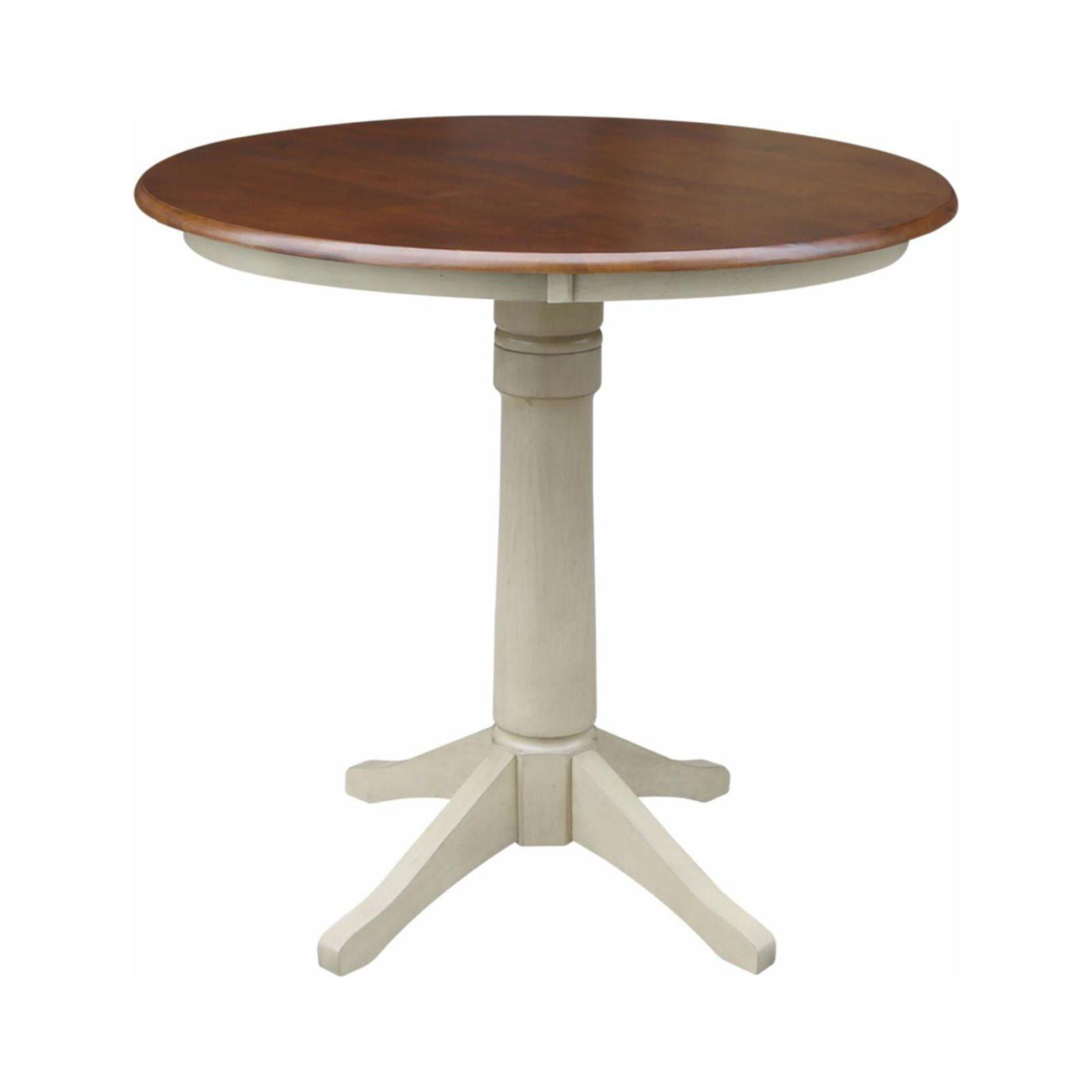 36" Round Antiqued Almond and Espresso Wood Pedestal Counter Height Table