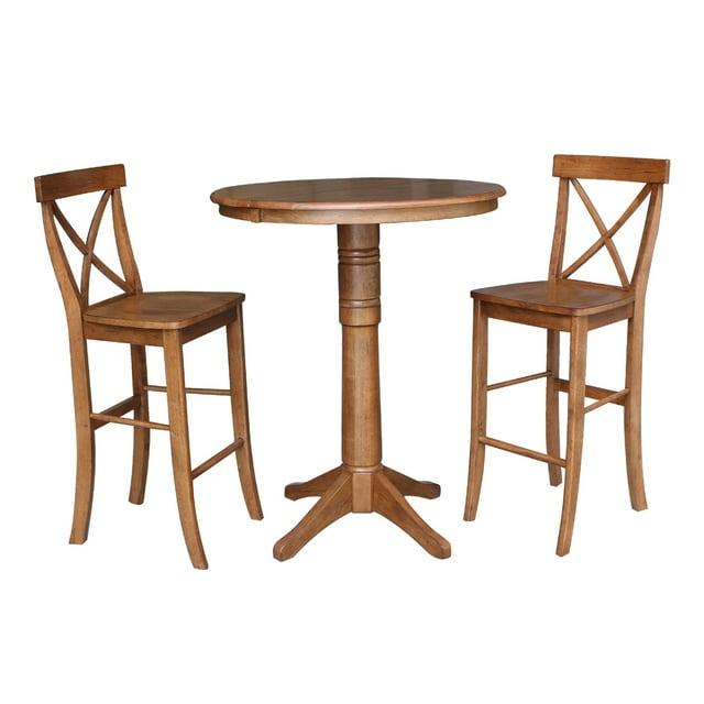 36" Round Solid Wood Extension Dining Table with 2 Cross Back Stools in Distressed Oak by International Concepts