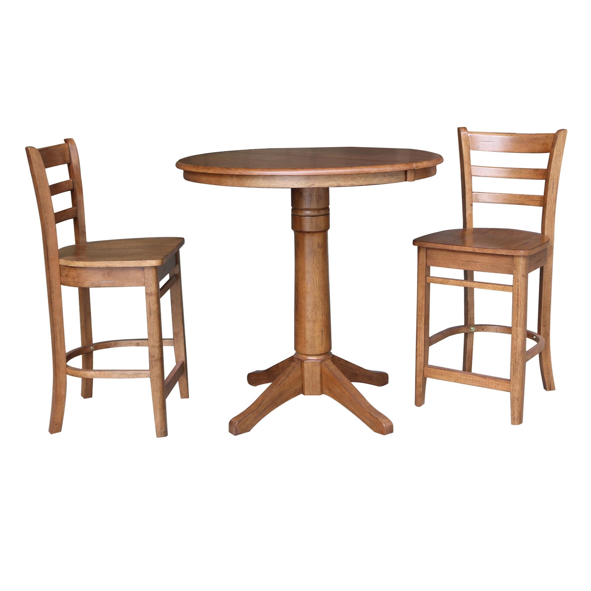 Distressed Oak Solid Wood Extension Dining Table Set with 2 Stools