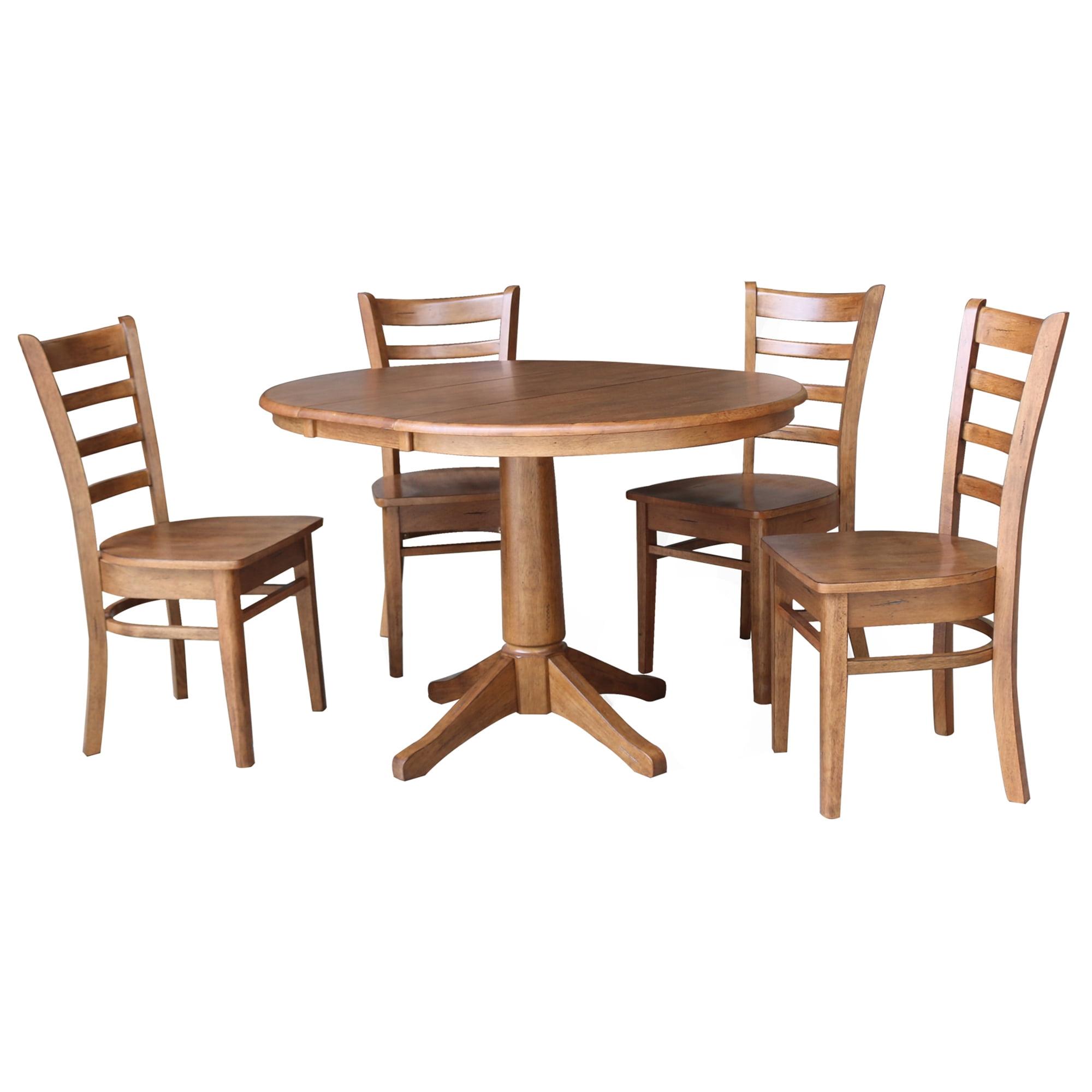 Distressed Oak 50" Solid Wood Round Extension Dining Set with 4 Chairs