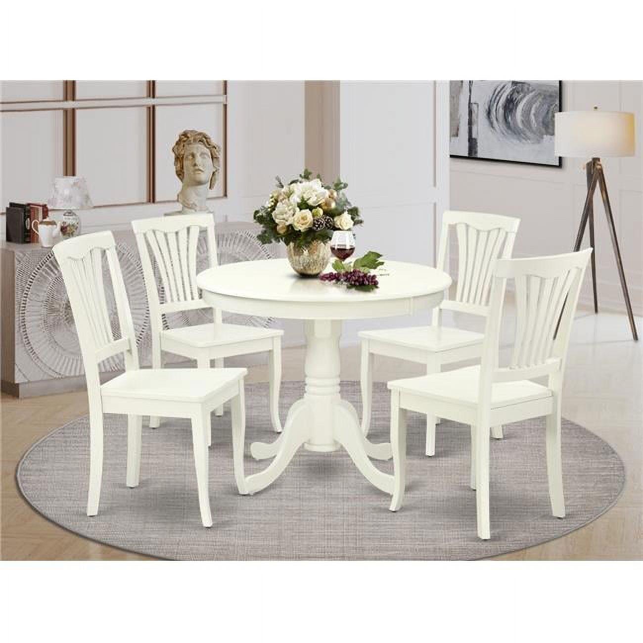 Linen White Round Wood Dining Set with 4 Chairs