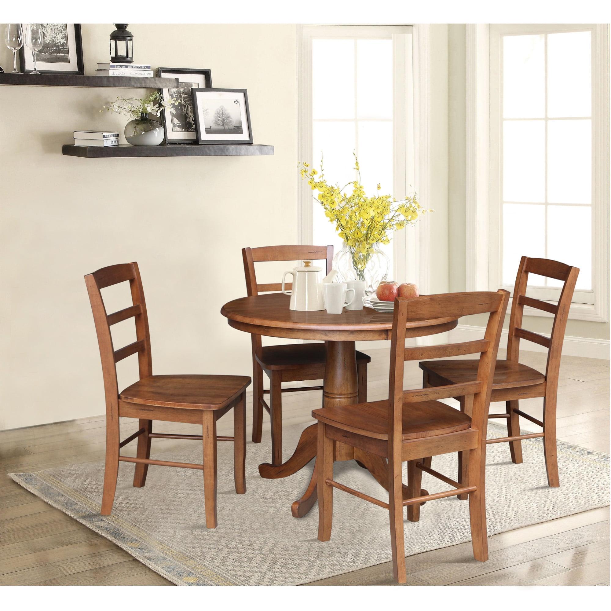 Solid Wood 36" Round Dining Table Set with 4 Ladderback Chairs in Distressed Oak