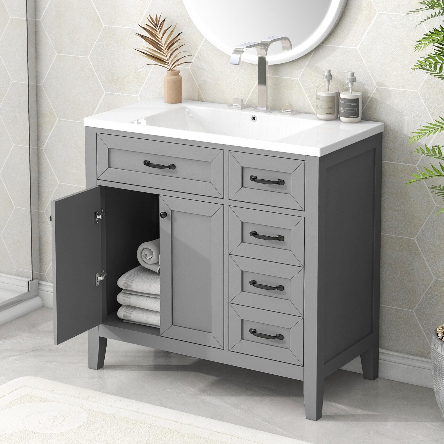 36" Gray Freestanding Bathroom Vanity with Ceramic Sink