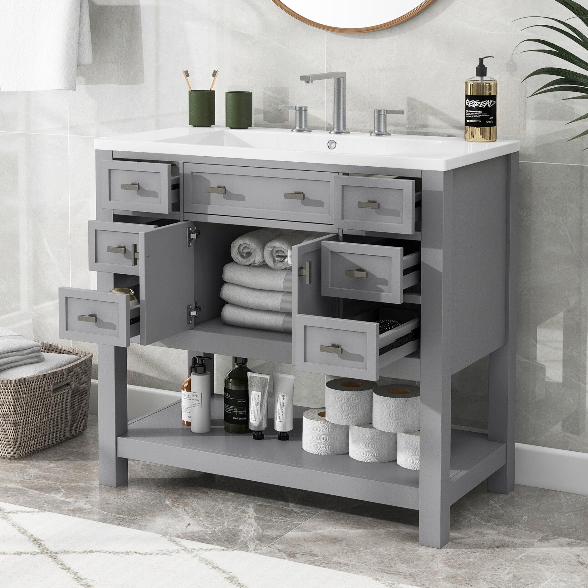 Gray MDF Freestanding Bathroom Vanity with Sink and Storage