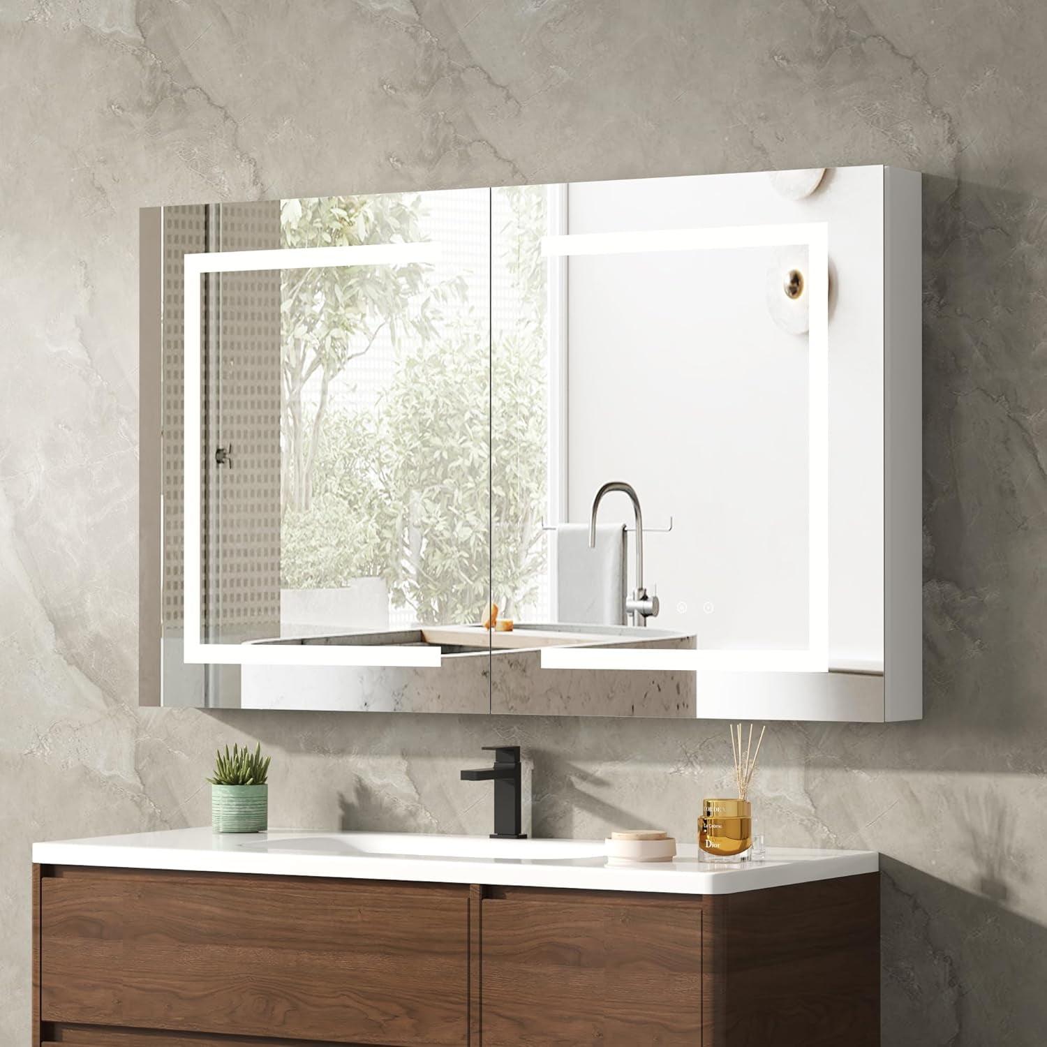 Ebern Designs Christhilde Medicine Cabinet with LED Mirror for Bathroom, Defog, Stepless Dimming, 3 Color Change, 2 Outlets, 2USB