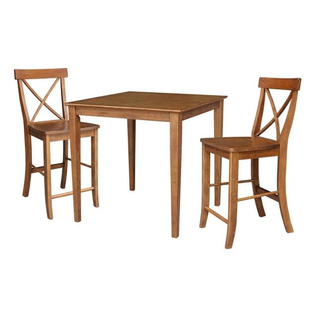 3pc 36"x36" Solid Wood Counter Height Dining Table Set with 2 X-Back Stools Distressed Oak - International Concepts: Hardwood, Rubberwood