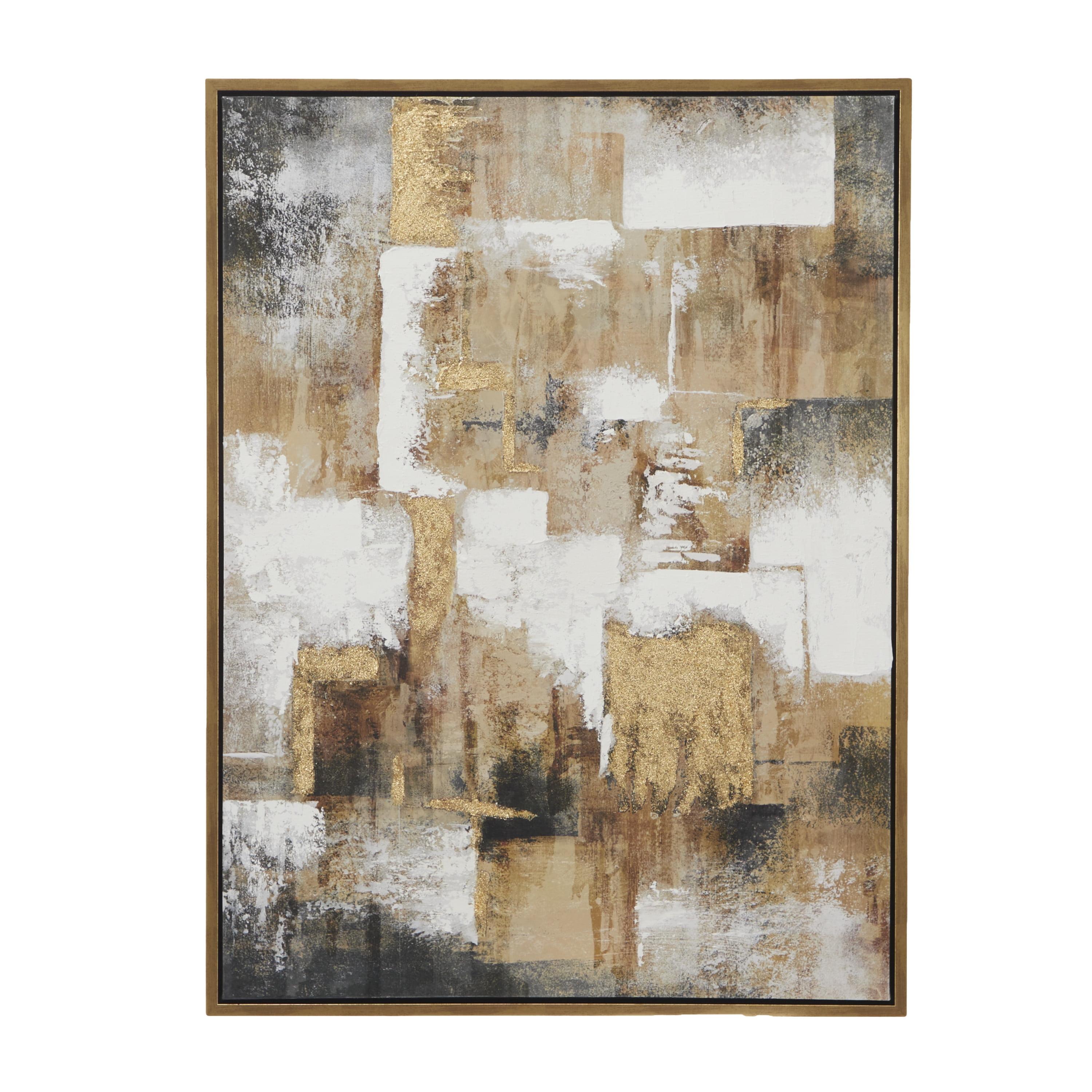 Gold and White Abstract Canvas Wall Art with Frame, 36" x 47"