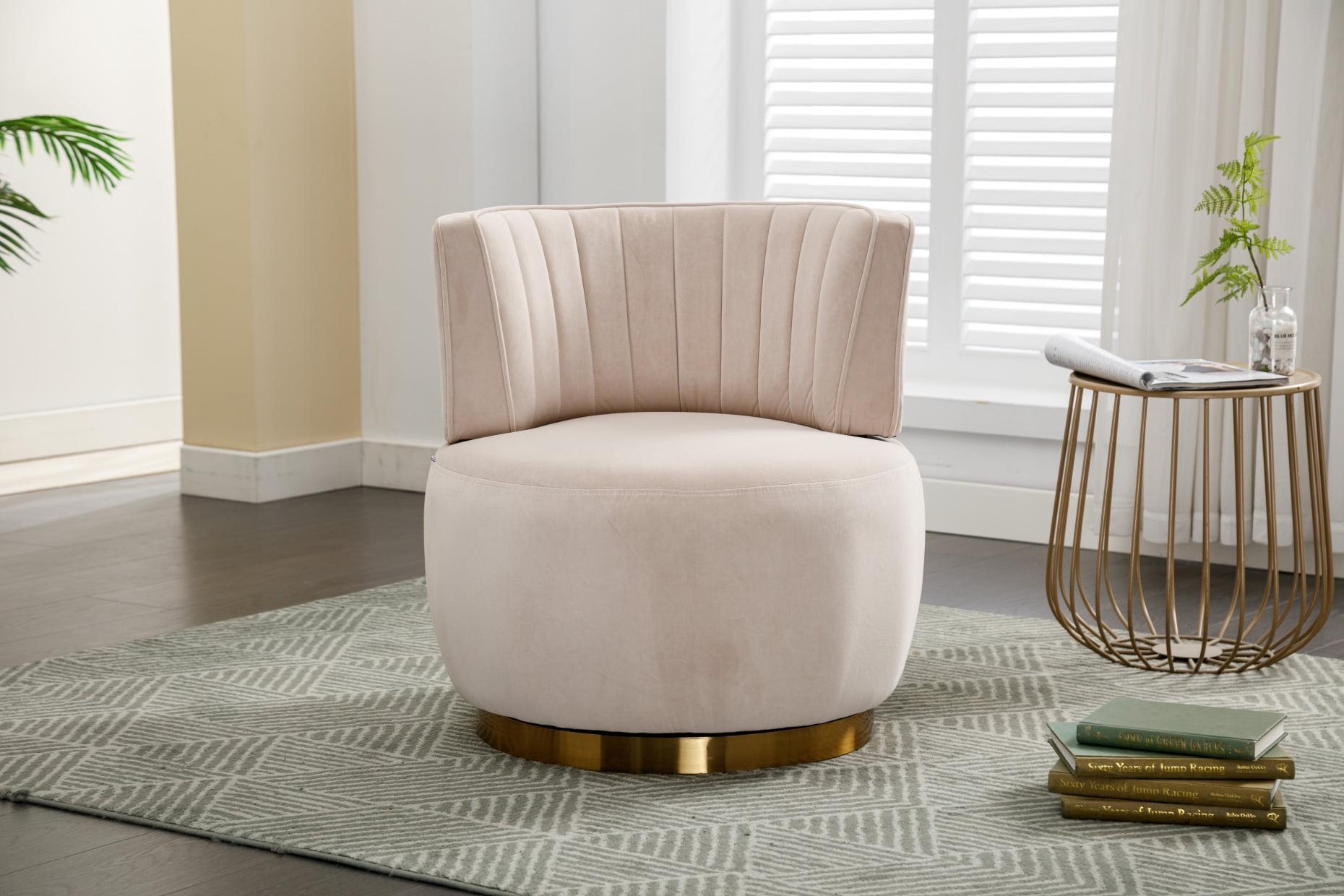 Beige Velvet Swivel Barrel Accent Chair with Metal Base