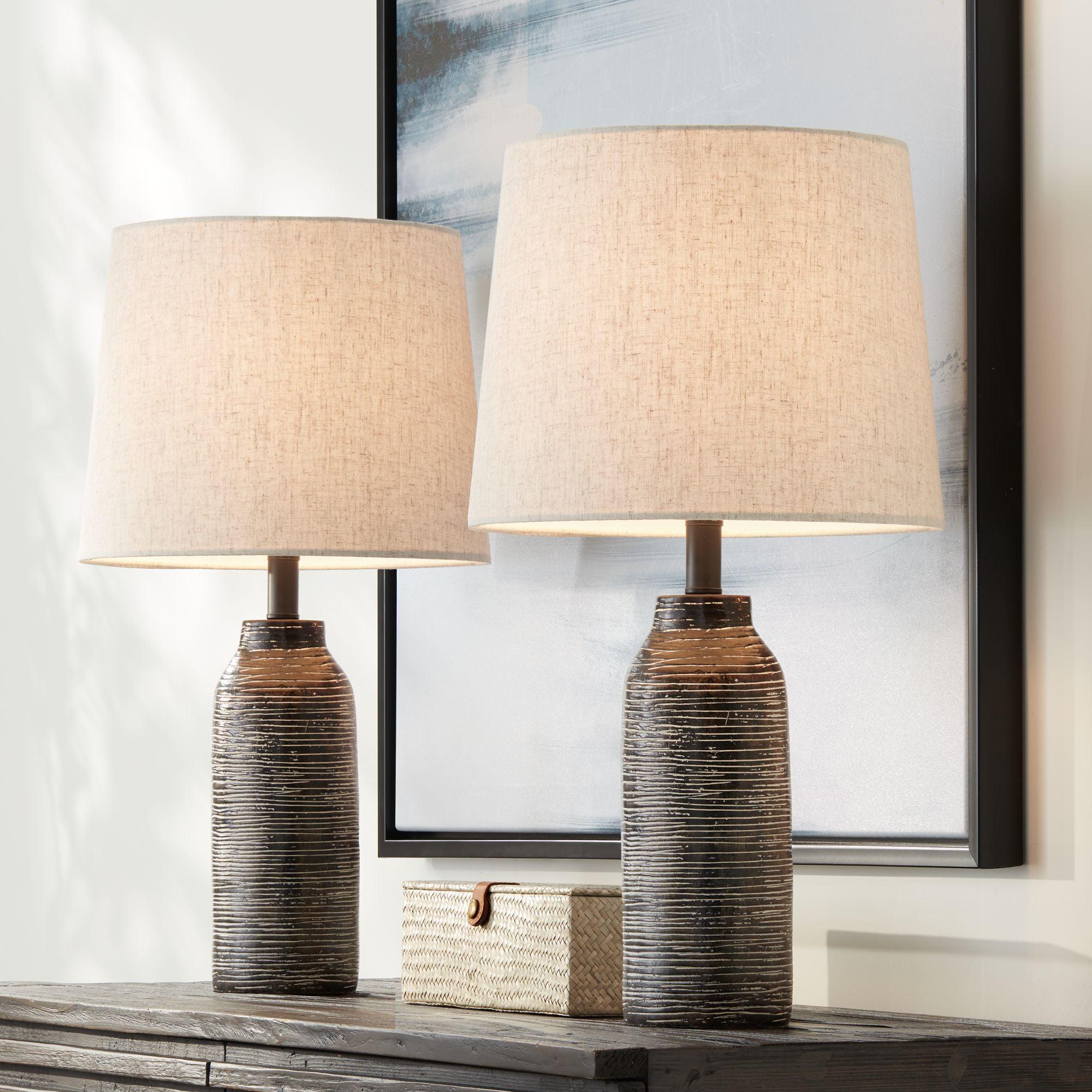 Set of 2 Black Grooved Resin Table Lamps with Oatmeal Shades