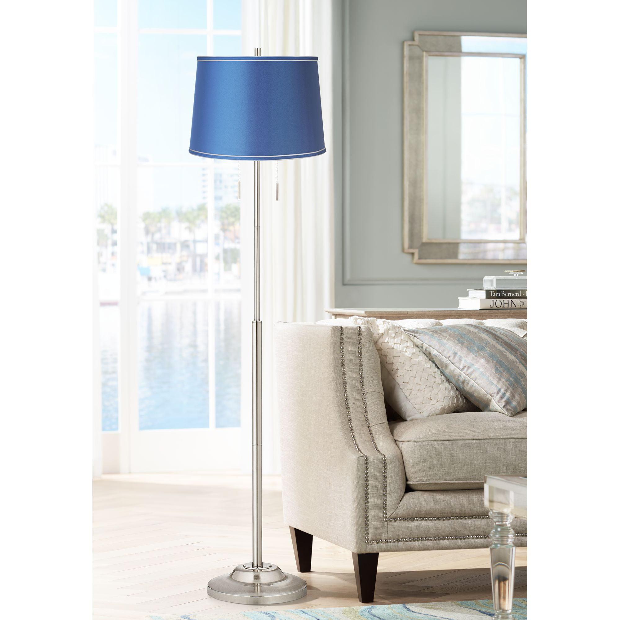 Contemporary Brushed Nickel Floor Lamp with Blue Satin Shade