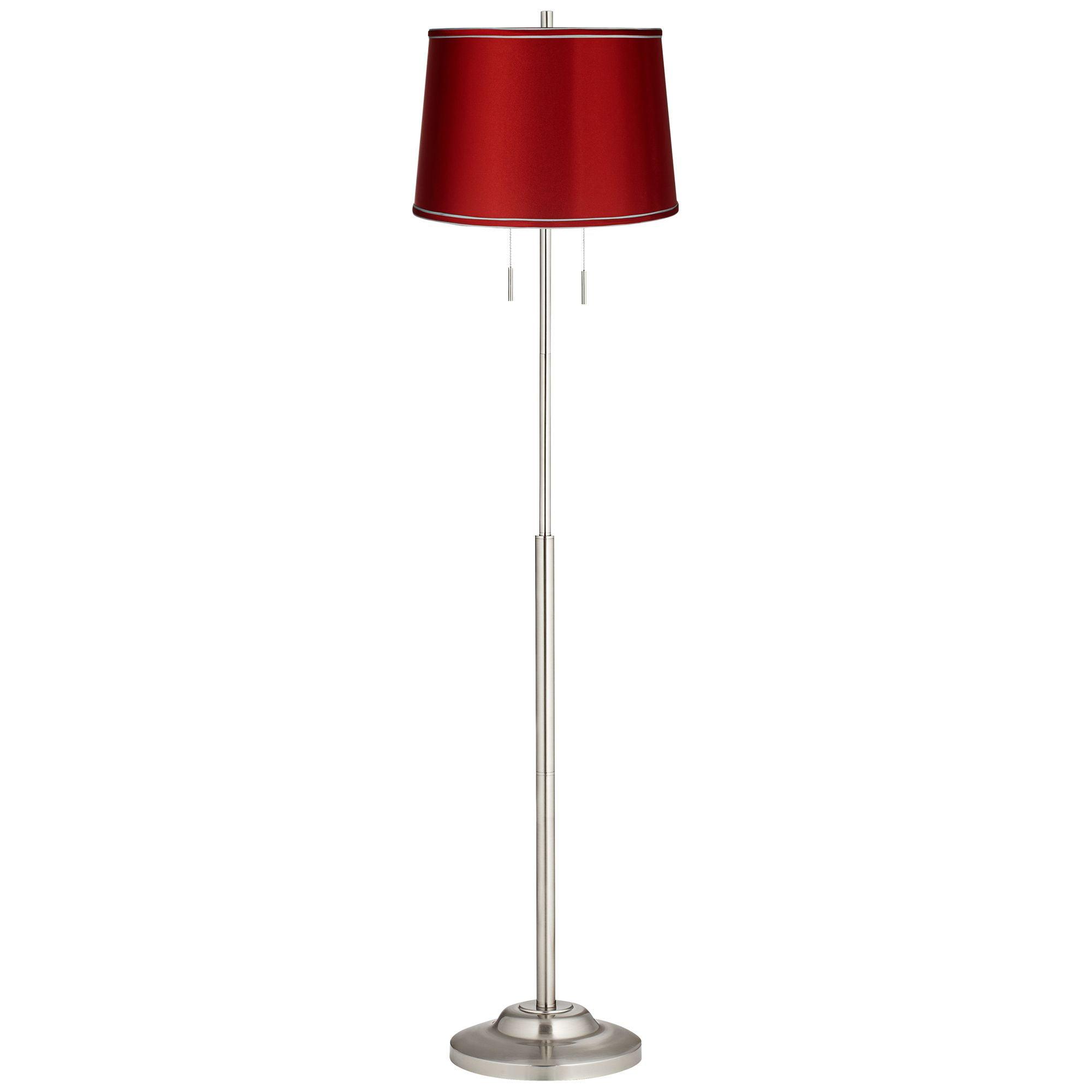 360 Lighting Abba Modern Floor Lamp Standing 66" Tall Brushed Nickel Silver Metal Red Satin Tapered Drum Shade for Living Room Bedroom Office House