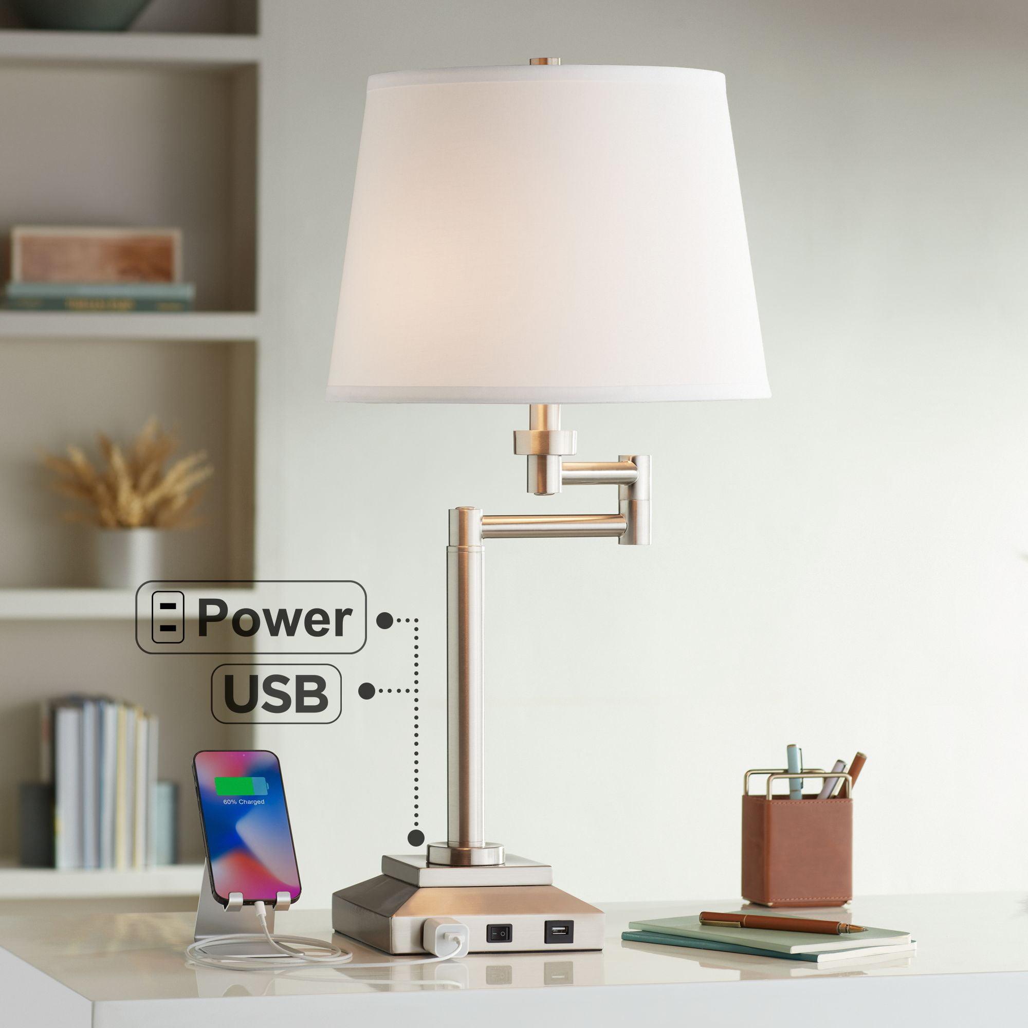 Brushed Nickel Swing Arm Desk Lamp with USB and AC Outlet