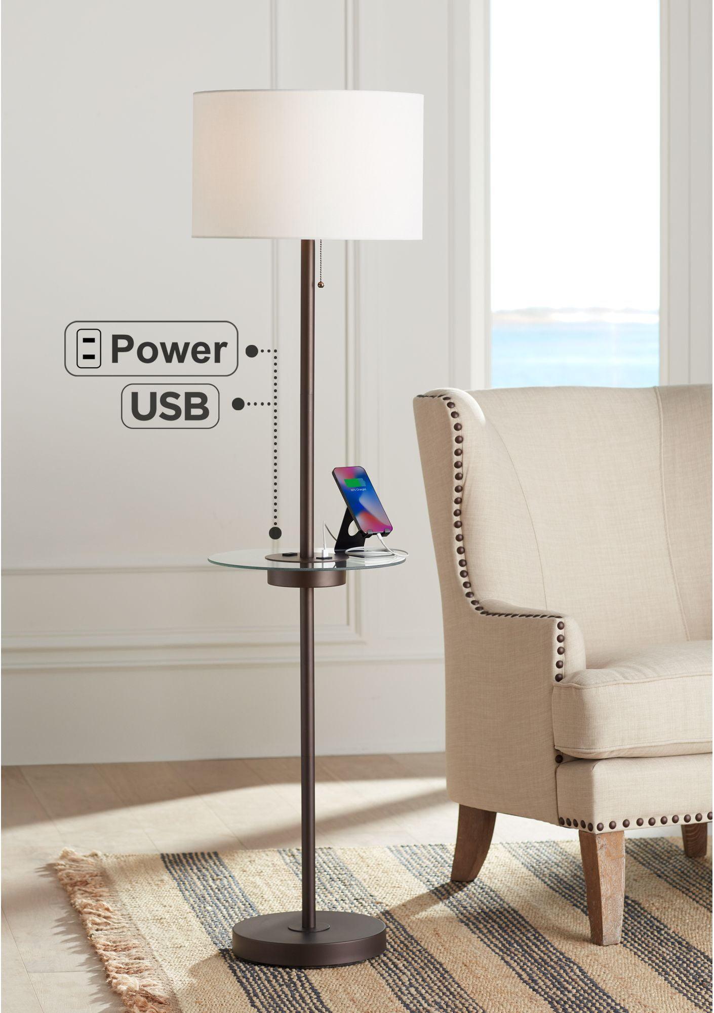 360 Lighting Caper Modern Floor Lamp with Tray Table 60 1/2" Tall Bronze USB and AC Power Outlet Off White Fabric Drum Shade for Living Room Office