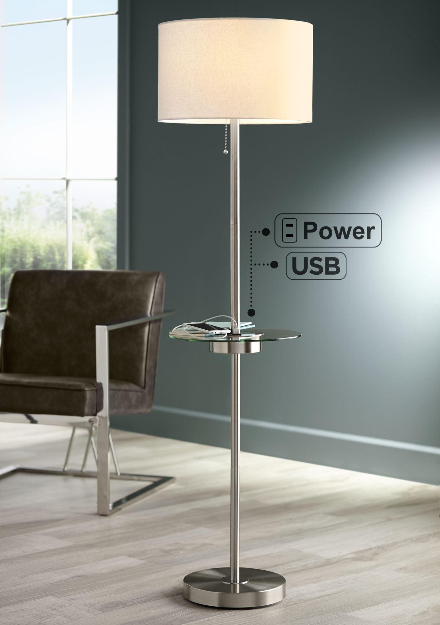 360 Lighting Caper Modern Floor Lamp with Tray Table 60 1/2" Tall Brushed Nickel USB and AC Power Outlet Off White Fabric Drum Shade for Living Room