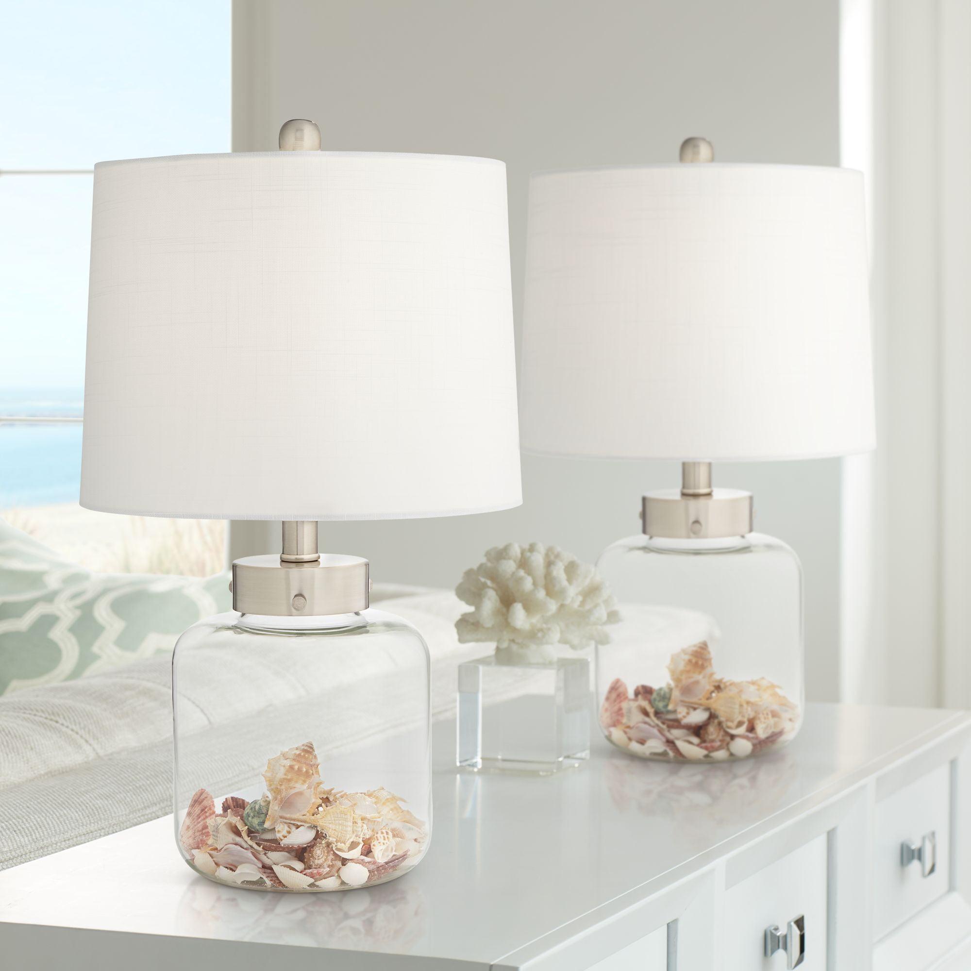 Set of 2 Clear Glass Coastal Table Lamps with White Drum Shades