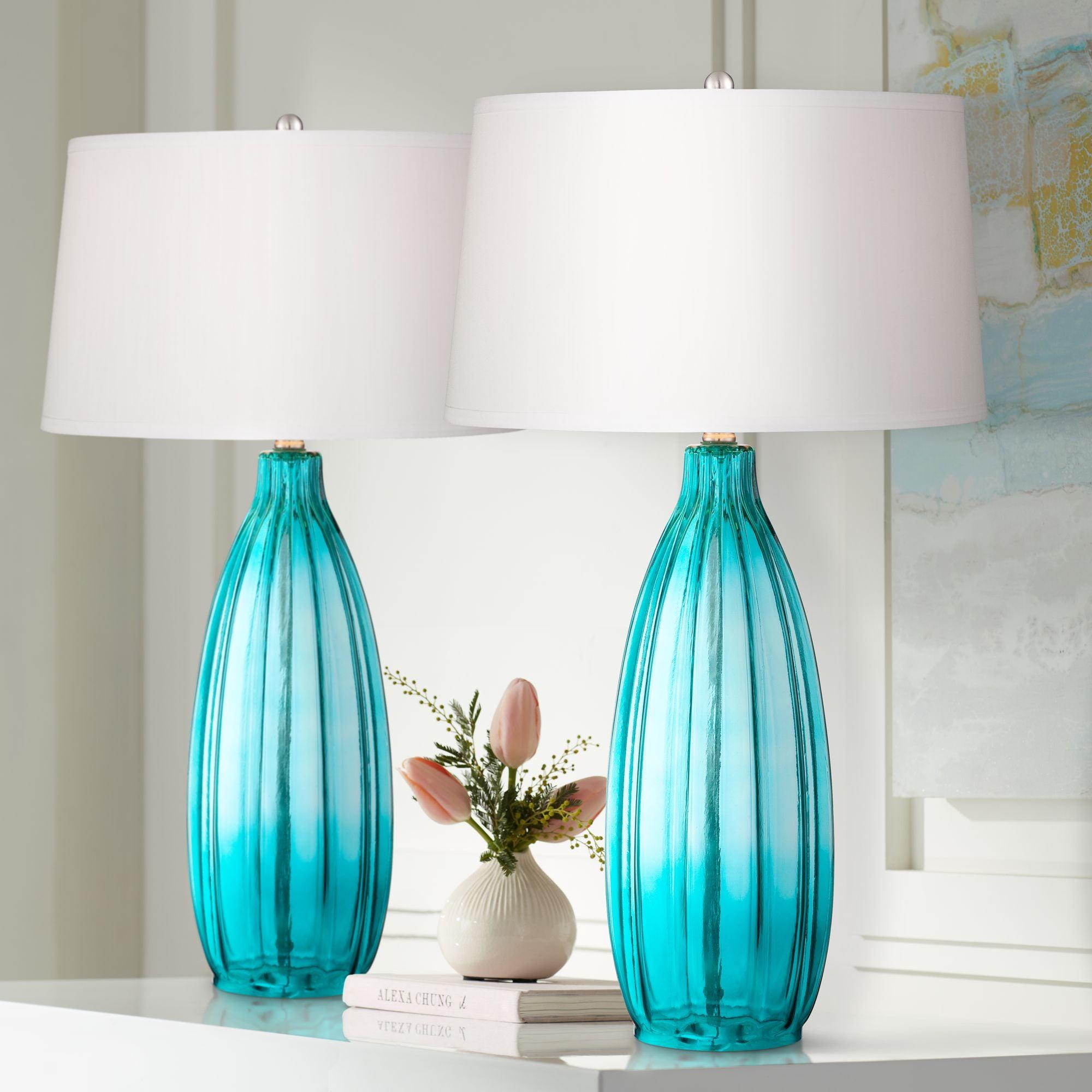 360 Lighting Coastal Table Lamps 30" Tall Set of 2 Fluted Blue Glass White Drum Shade for Living Room Family Bedroom Bedside Nightstand