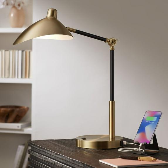 360 Lighting Colborne Modern Mid Century Desk Table Lamp 28" Tall Antique Brass Black with USB Charging Port LED for Bedroom Living Room Bedside Kids