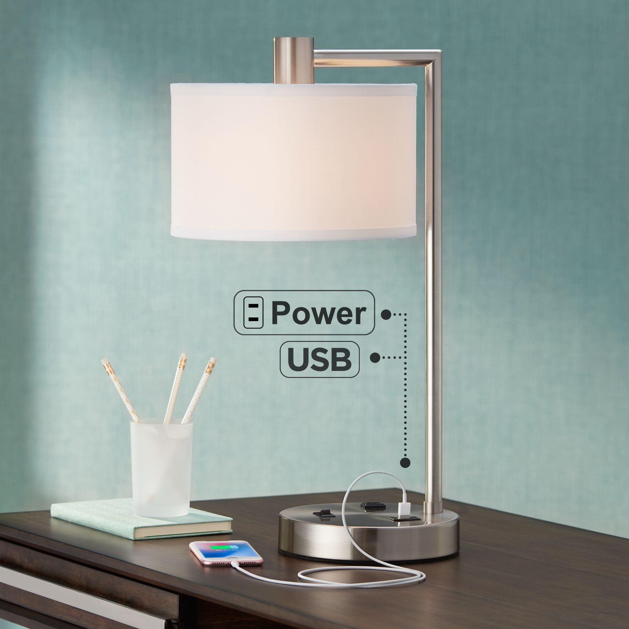 360 Lighting Colby Modern Desk Lamp 21" High Brushed Nickel with USB and AC Power Outlet in Base White Linen Drum Shade for Bedroom Living Room Office