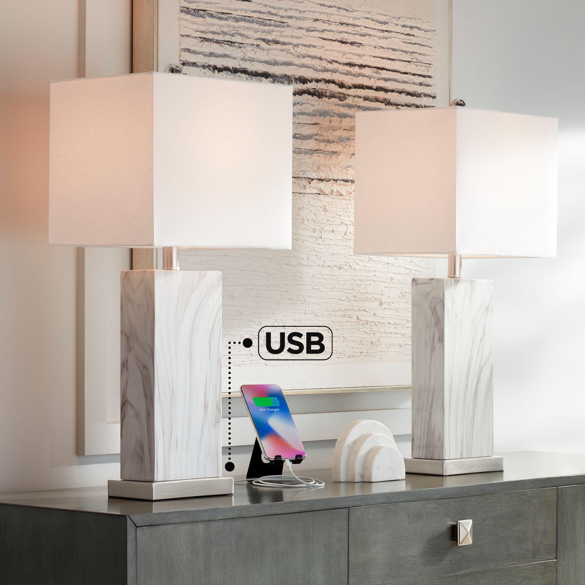 360 Lighting Connie Modern Table Lamps 25" High Set of 2 White Faux Marble with USB Charging Ports Rectangular Shade for Living Room Office Desk House