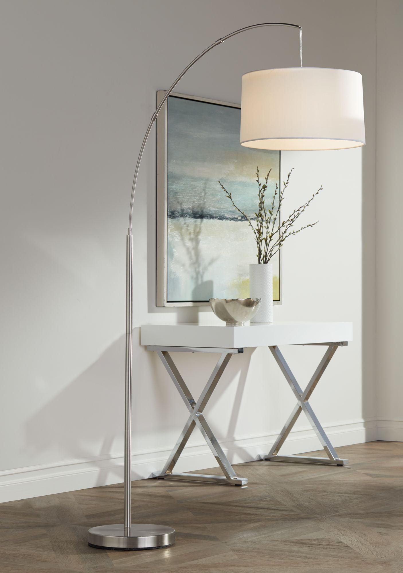 Modern Brushed Nickel Arc Floor Lamp with White Linen Shade