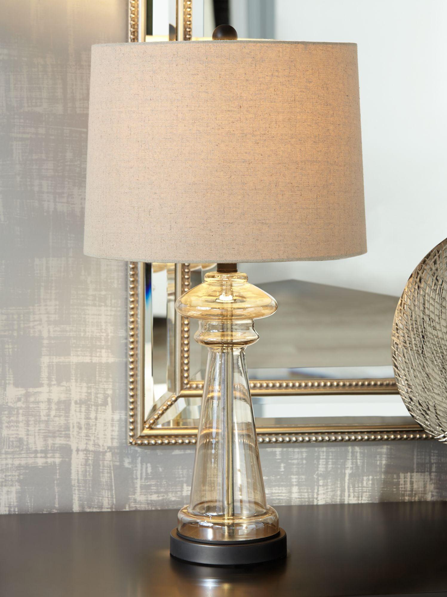 Elegant Champagne Gold Glass Table Lamp with Taupe Drum Shade