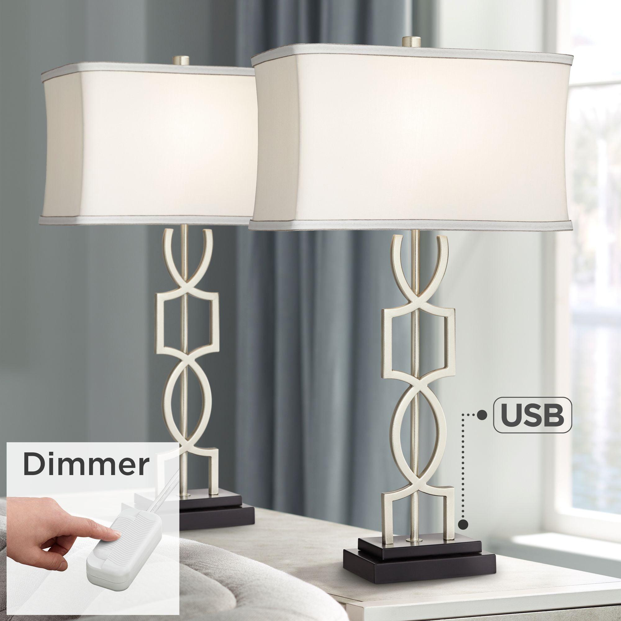 360 Lighting Evan Modern Table Lamps 28 1/2" Tall Set of 2 Brushed Nickel with USB Charging Port Table Top Dimmers White Rectangular Shade for Bedroom