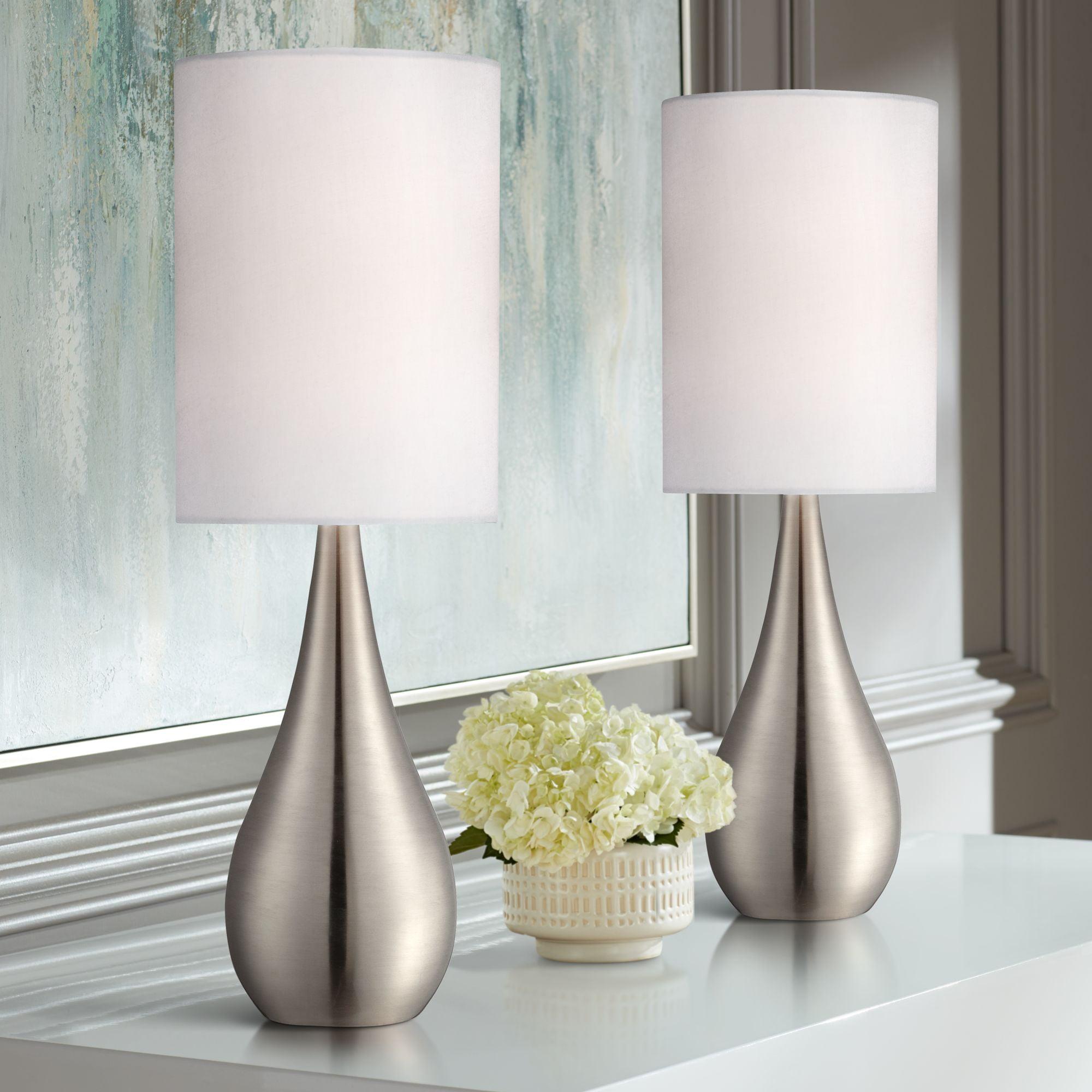 360 Lighting Evans Modern Accent Table Lamps 21" High Set of 2 Brushed Nickel Metal Teardrop White Cylinder Shade for Bedroom Living Room House Home