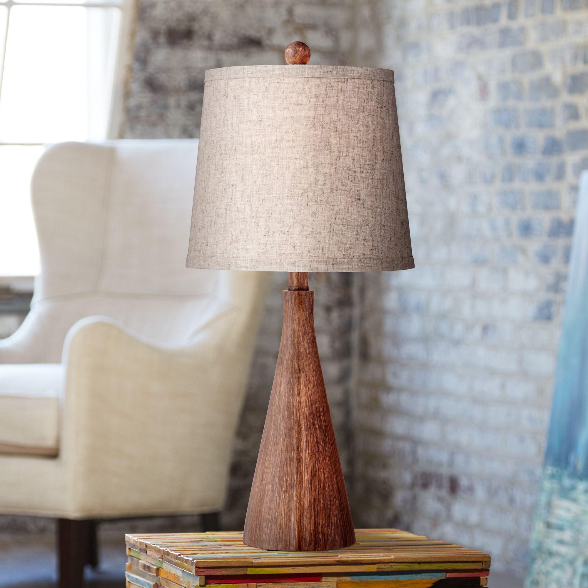 Mid-Century Modern Brown Faux Wood Table Lamp with Oatmeal Shade