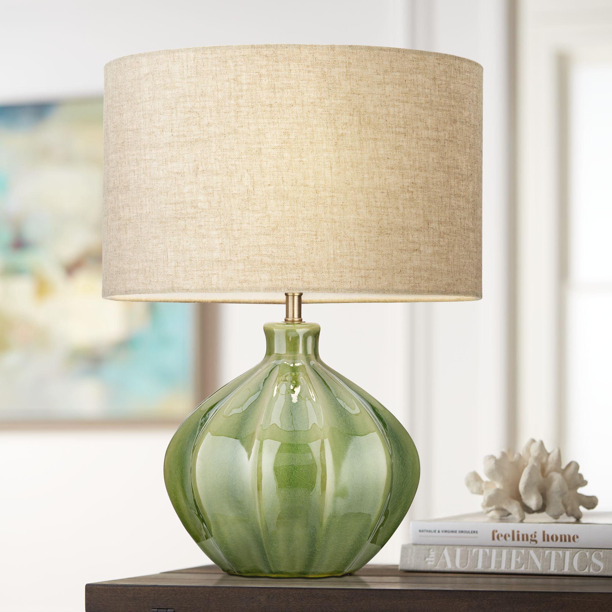 Handcrafted Ribbed Green Ceramic Table Lamp with Oatmeal Drum Shade