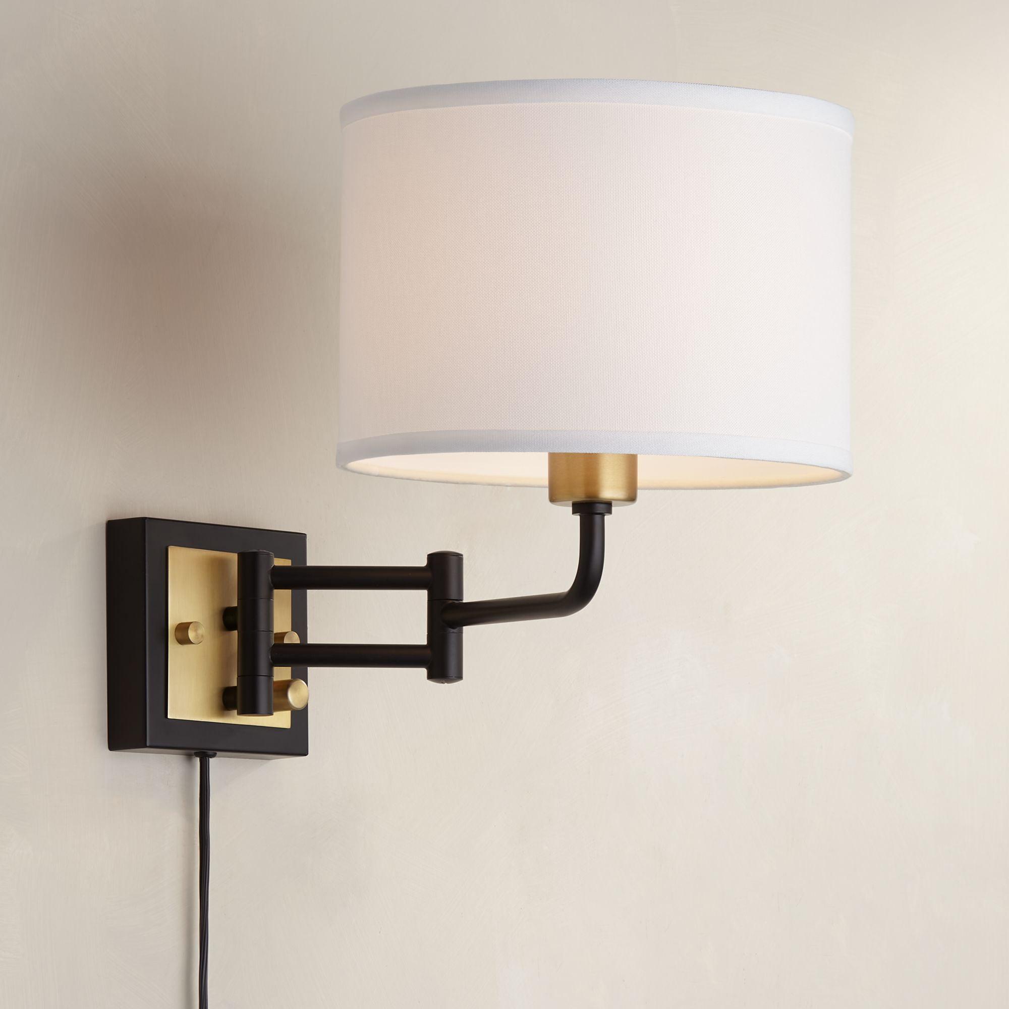 Joelle Antique Brass and Black Swing Arm Wall Lamp with White Shade