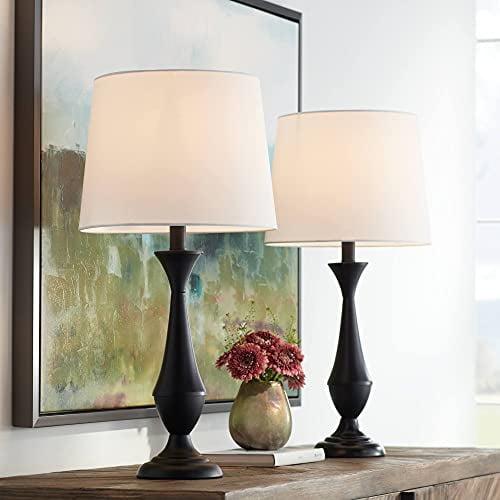 24" Black Metal Table Lamps Set with White Linen Shades