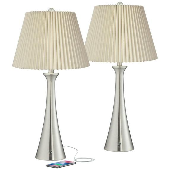 360 Lighting Karl Modern Table Lamps 27 1/2" Tall Set of 2 Brushed Nickel with USB Charging Port Dimmers Ivory Pleat Shade for Bedroom Bedside House
