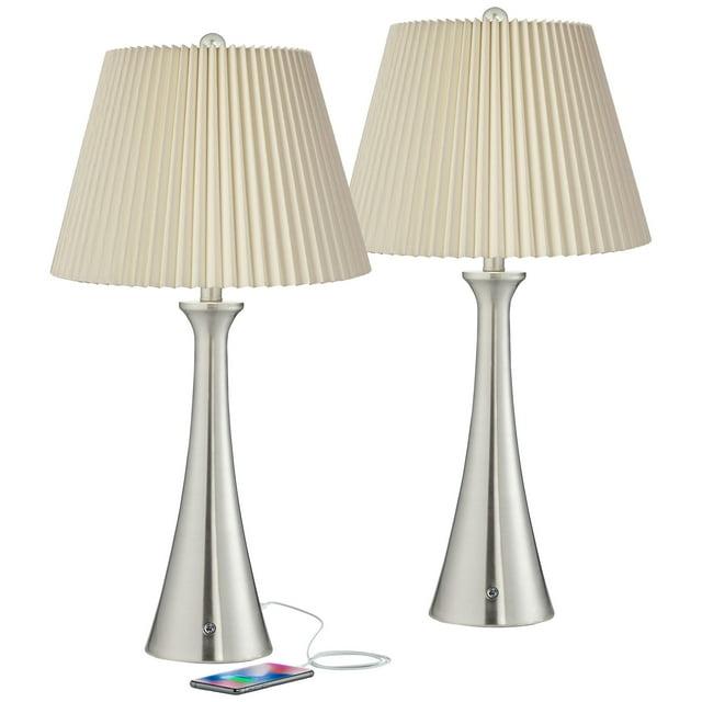 360 Lighting Karl Modern Table Lamps 27 1/2" Tall Set of 2 Brushed Nickel with USB Charging Port Dimmers Ivory Pleat Shade for Bedroom Bedside House