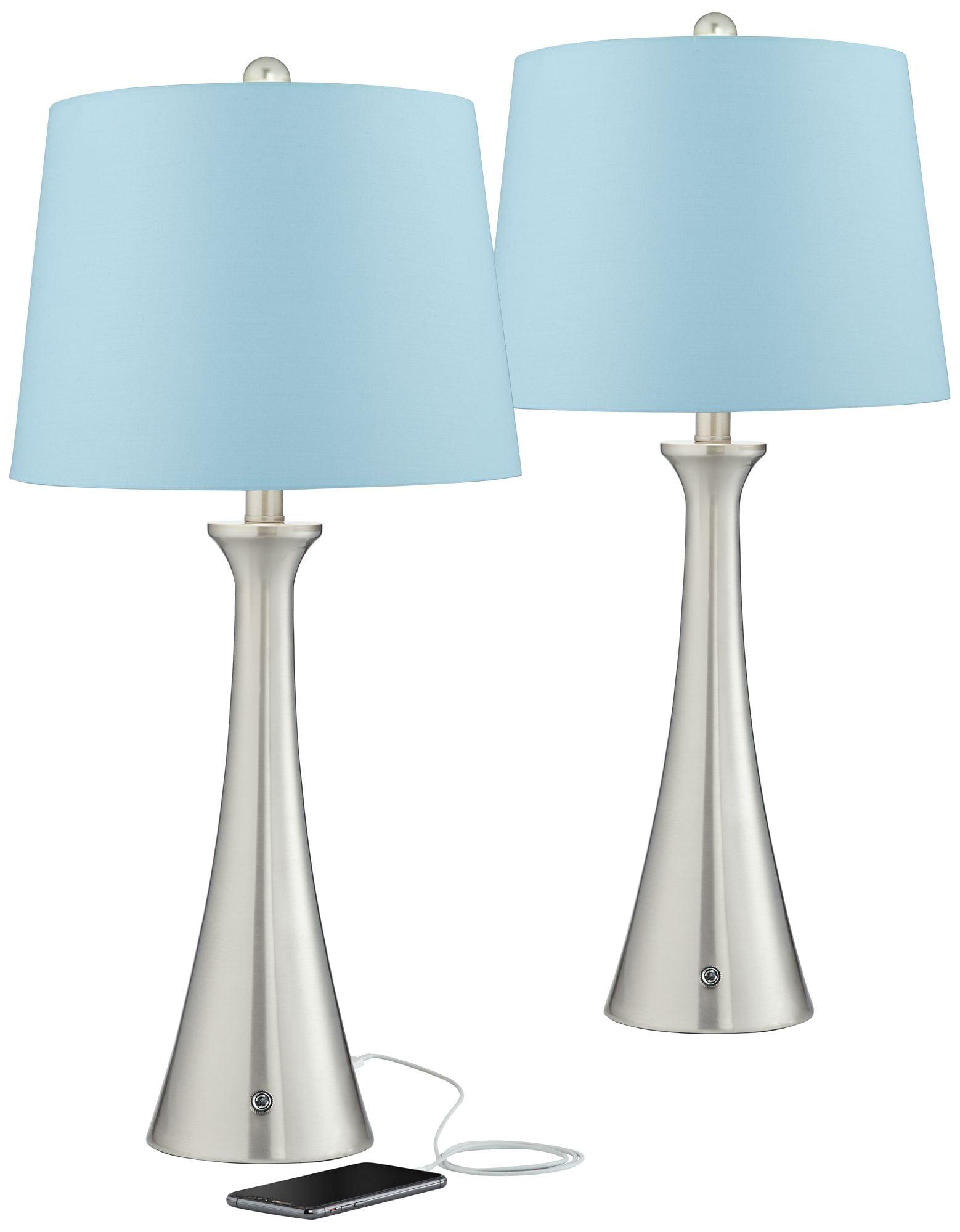 360 Lighting Karl Modern Table Lamps 27 1/2" Tall Set of 2 Brushed Nickel with USB and AC Power Outlet in Base Blue Hardback Drum Shade for Bedroom