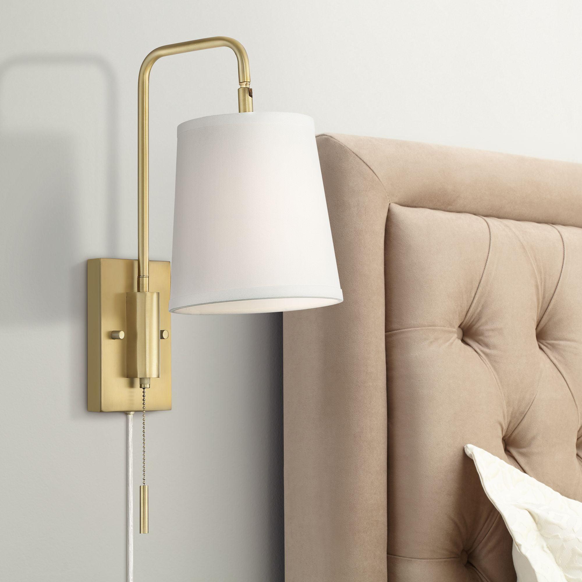 Luca Warm Brass 18" Swing Arm Plug-In Wall Lamp with White Shade