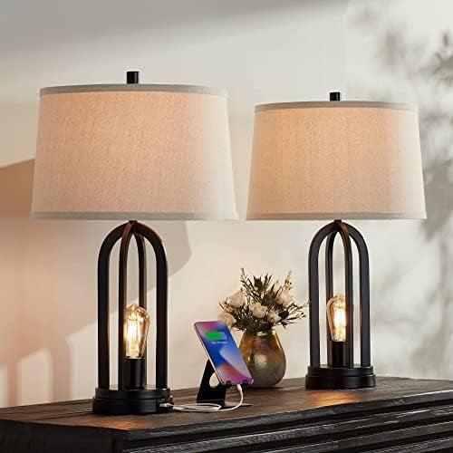 Marcel Black Metal Table Lamps with Natural Linen Shades and USB Ports