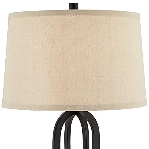 Marcel Black Metal Table Lamps with Natural Linen Shades and USB Ports