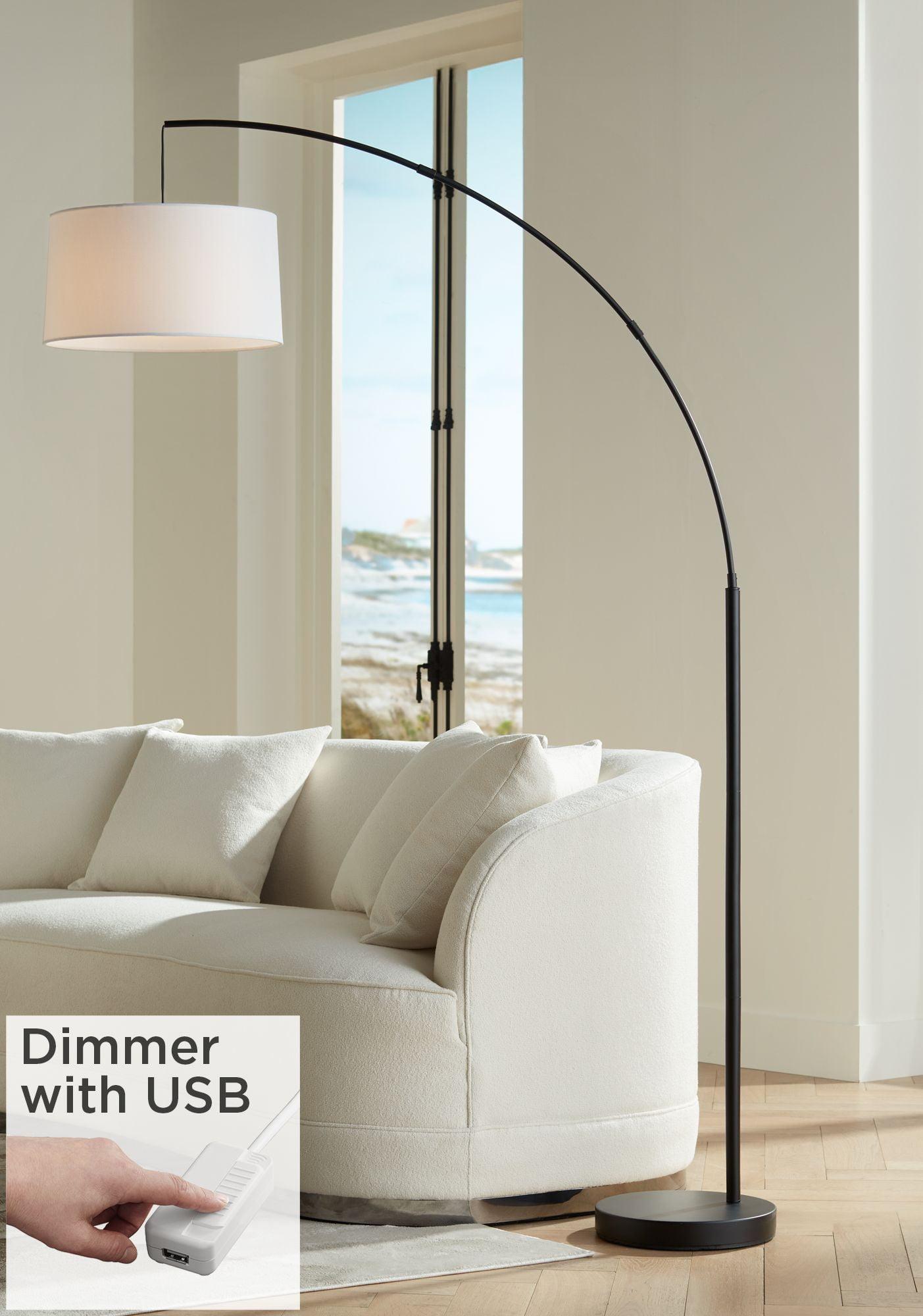 Modern Black Arc Floor Lamp with White Linen Shade