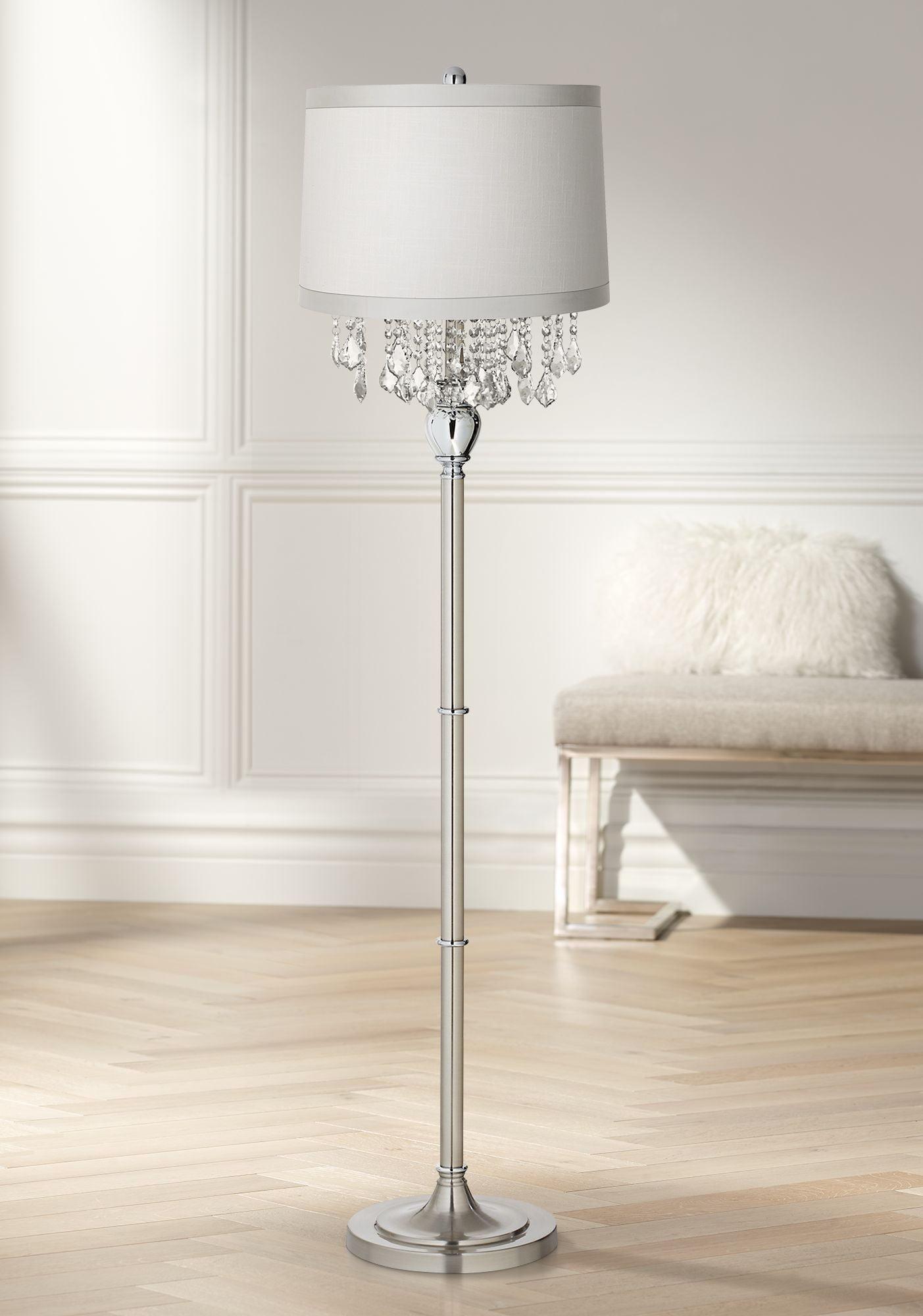 360 Lighting Modern Floor Lamp Standing 60 1/2" Tall Satin Steel Silver Crystal Off White Fabric Drum Shade for Living Room Bedroom Office House Home
