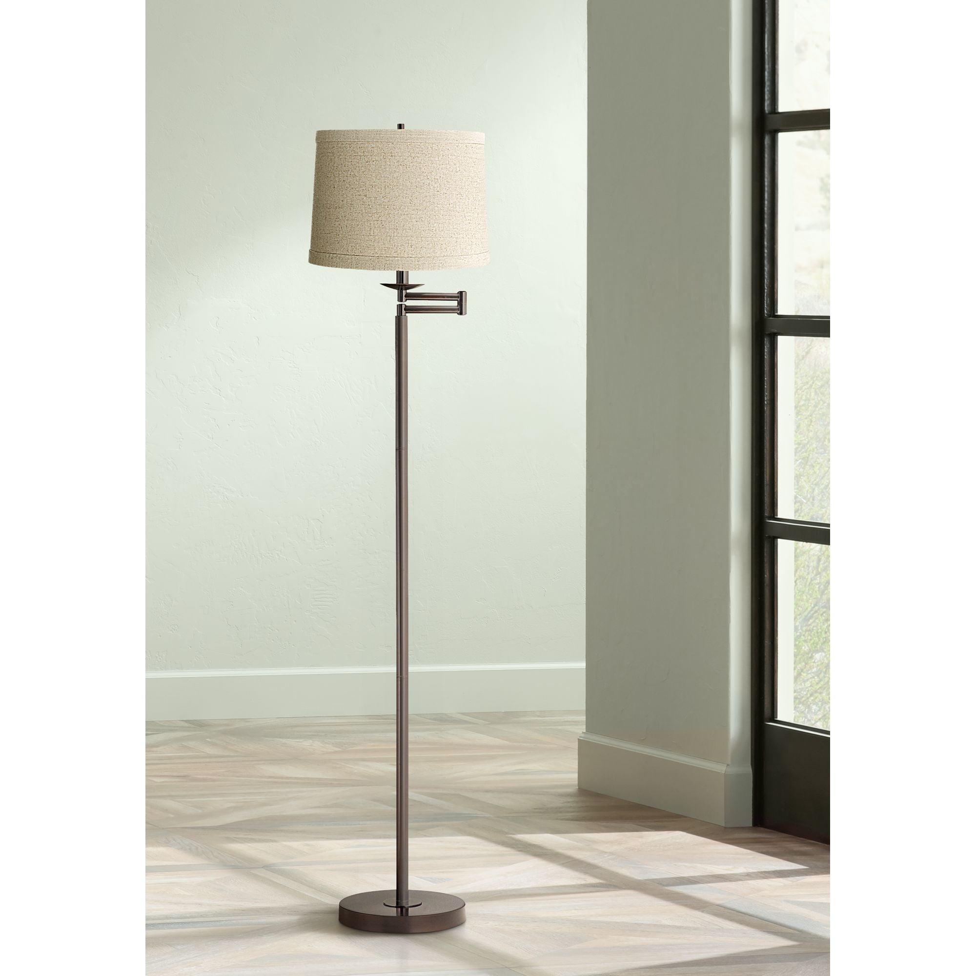 360 Lighting Modern Swing Arm Floor Lamp 60.5" Tall Bronze Natural Linen Drum Shade for Living Room Reading Bedroom Office