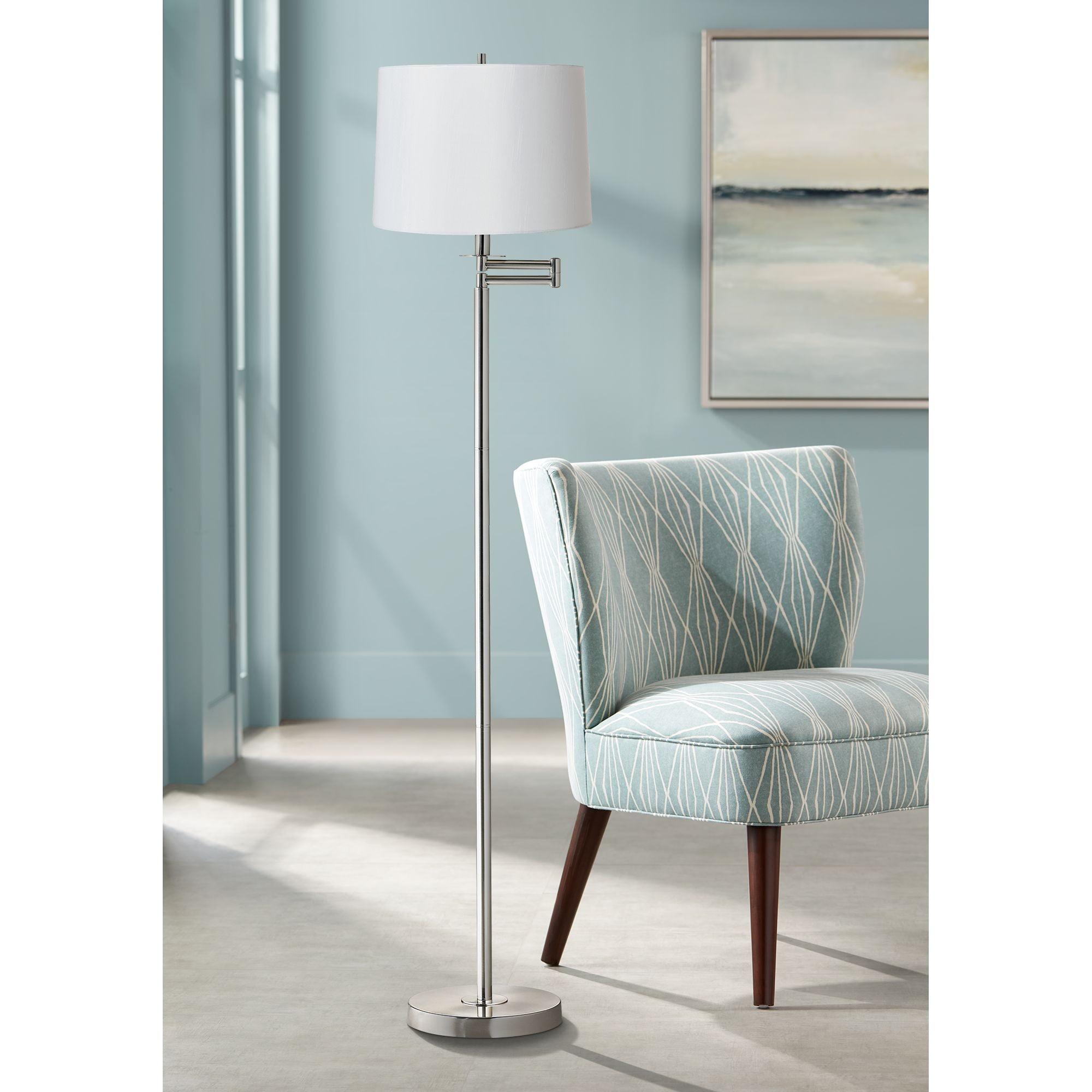 Contemporary Brushed Nickel & White Swing Arm Floor Lamp 60.5"